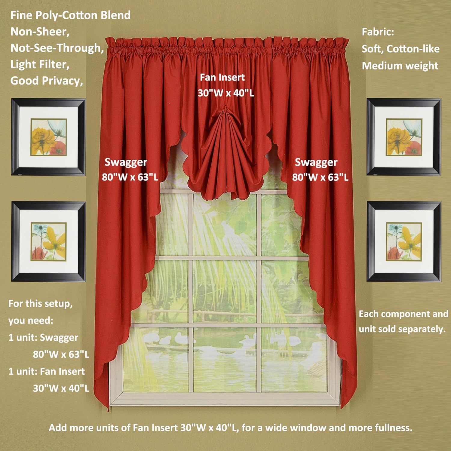 Today's Curtain, Orleans Scallop Curtain, Brick Red 63" Swagger Pair, 80" W x 63" L, Brick Red