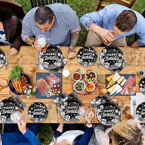 Miniatura 5 de Juego de vajilla de 96 piezas para fiesta de cumpleaños, color negro y plateado, decoraciones de fiesta de feliz cumpleaños, platos de cumpleaños