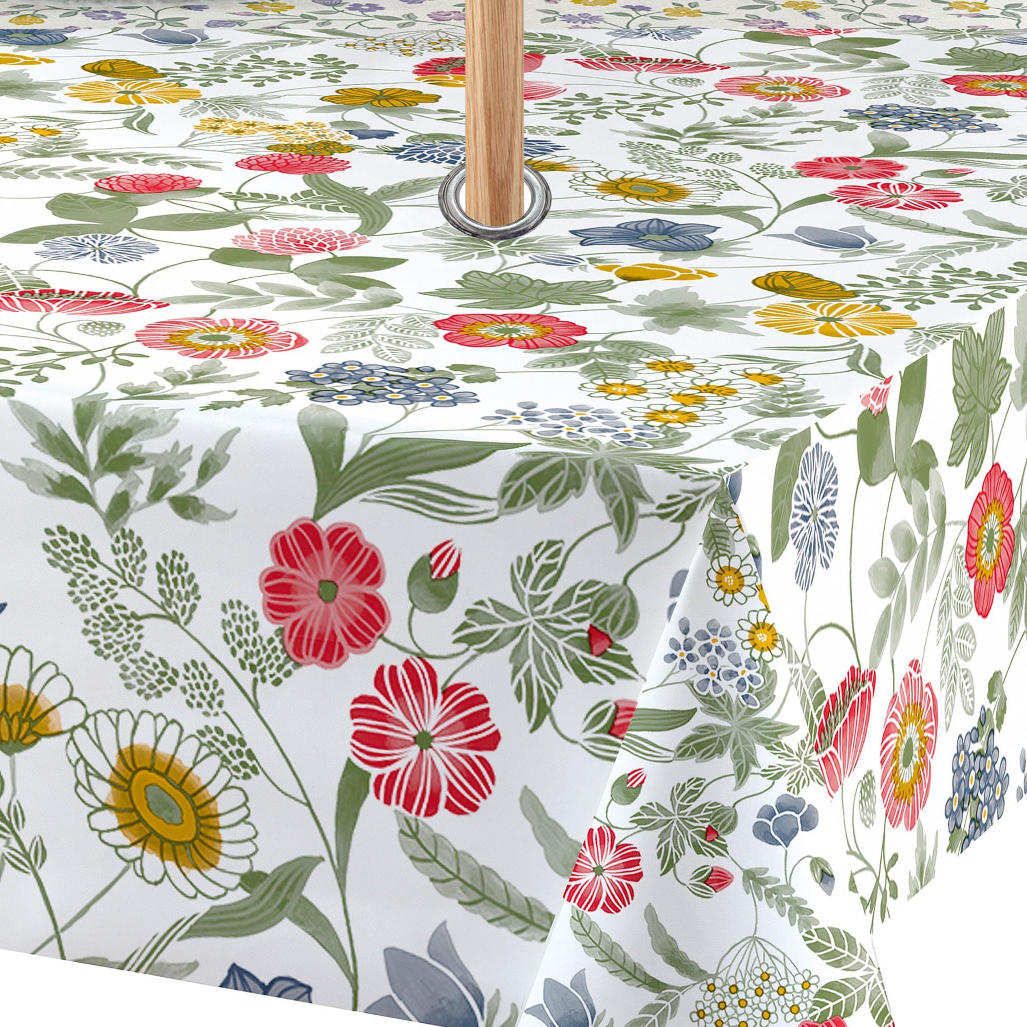QPC Direct Wipe Clean Waterproof Outdoor Garden Tablecloth with Parasol Hole (Wild Flowers Multi, Rectangle 140 x 200cm)