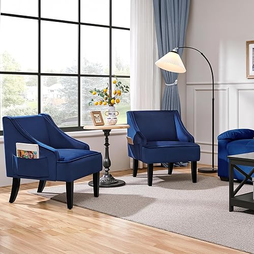 Miniatura 27 de Yaheetech Mid-Century - Silla decorativa de terciopelo con bolsillo, marco de madera, cómoda silla de barril para sala de estar, sala de