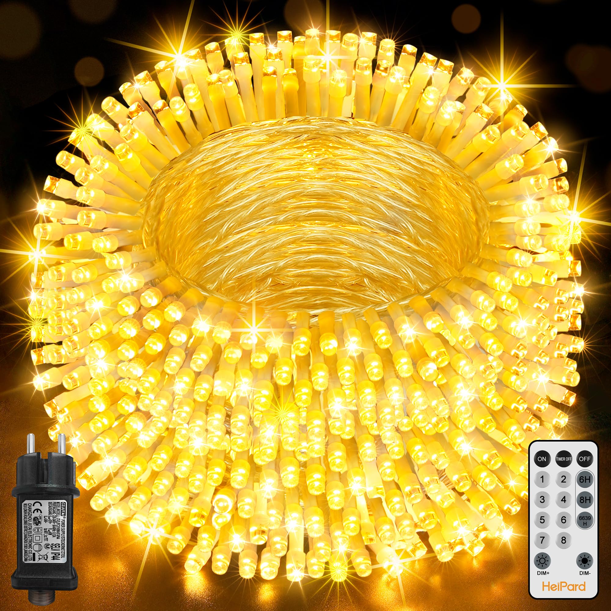 HeiPard Lichterkette Außen Innen 60m 600LED, Warmweiß LED Lichterkette Outdoor Strom mit Fernbedienung Timer Dimmbar, 8 Modi IP44 Wasserdicht String Lights mit Stecker für Balkon Garten Party Hochzeit