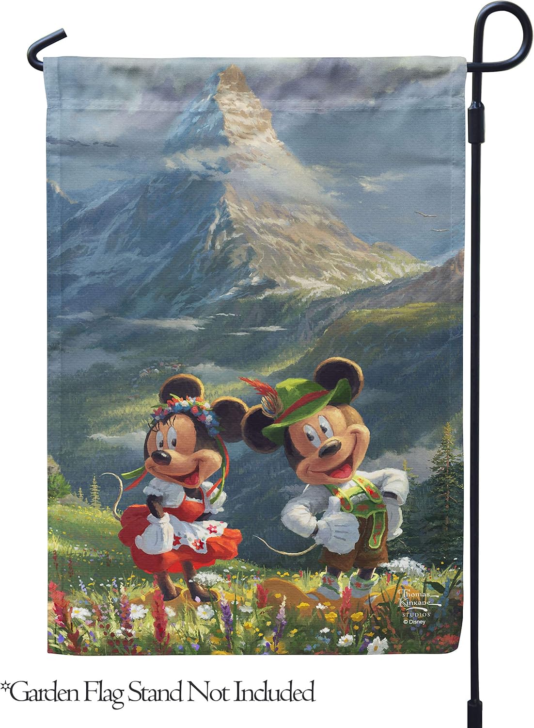 Flagology, Thomas Kinkade Disney Mickey and Minnie in the Alps – Garden Flag 12" x 18", Outdoor Flag, Exclusive Fabric, Licensed Thomas Kinkade