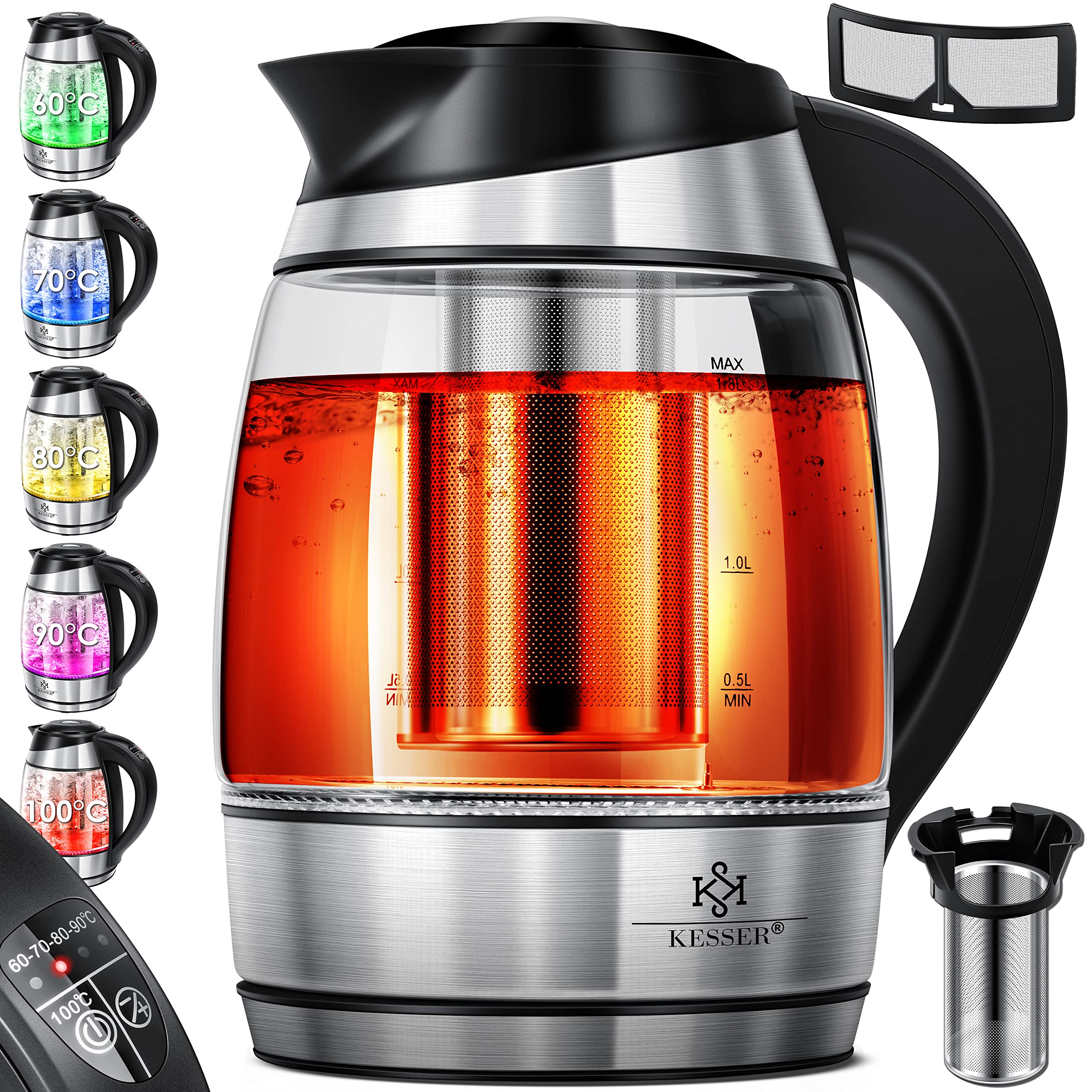 KESSER® Wasserkocher 1,8L Edelstahl mit LED Beleuchtung-Farbe je nach Temperaturwahl 60, 70, 80, 90, 100 °C | Glaswasserkocher, Platzsparend, Warmhaltefunktion inkl. Teesieb-Einsatz und Kalk-Filter