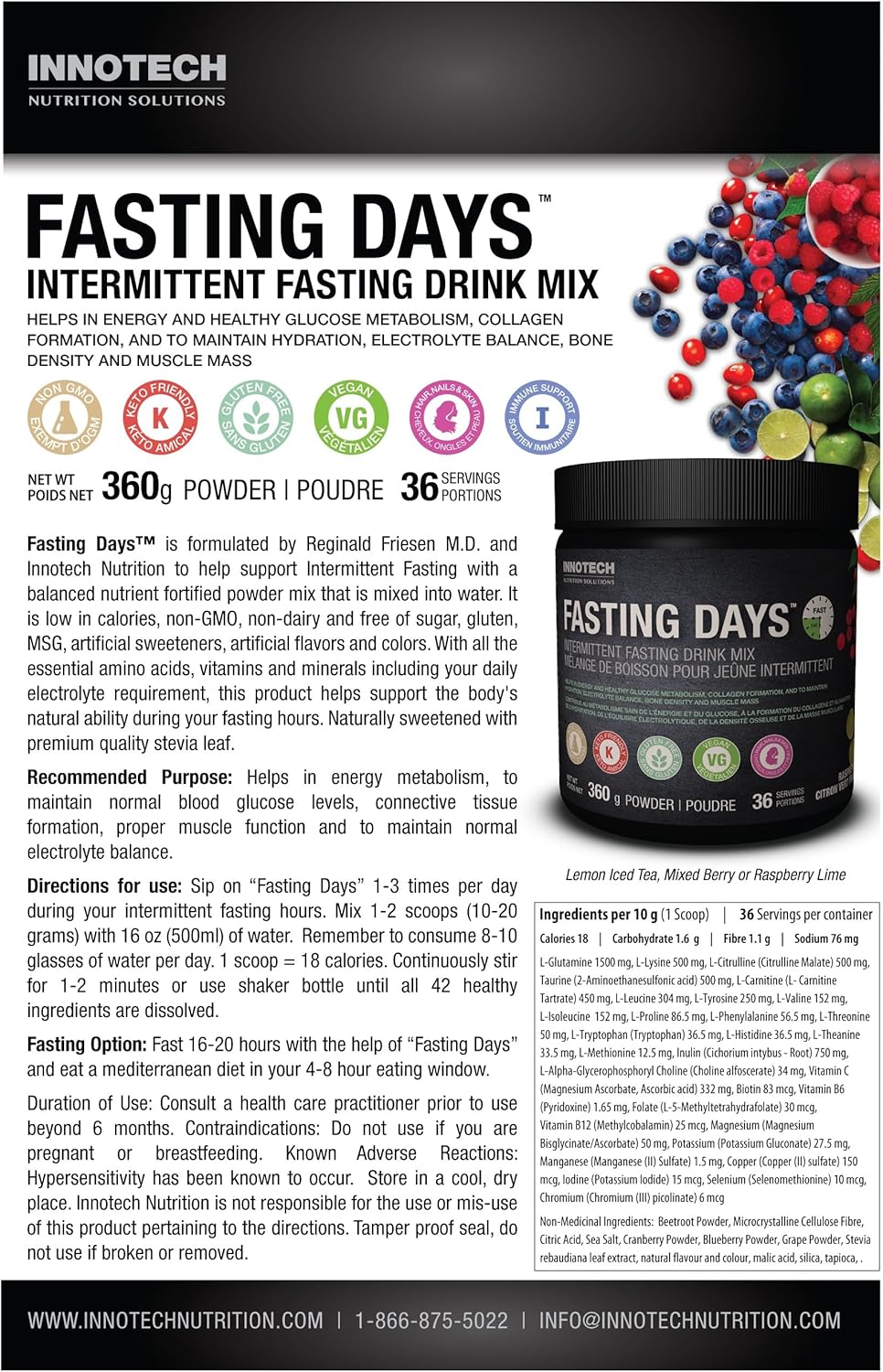 Innotech Nutrition Fasting Days Intermittent Fasting Drink Mix Metabolic & Electrolyte Support 42 Essential Ingredients Mixed Berry 360g