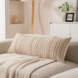 Boho Long Lumbar Body Decorative Throw Pillow Covers 14x36 Inch Pack of 1 Beige Woven Striped Pillow Cover Cotton Accent Pillowcase Farmhouse Cushion Covers for Home Decor Bed Couch Sofa Bench