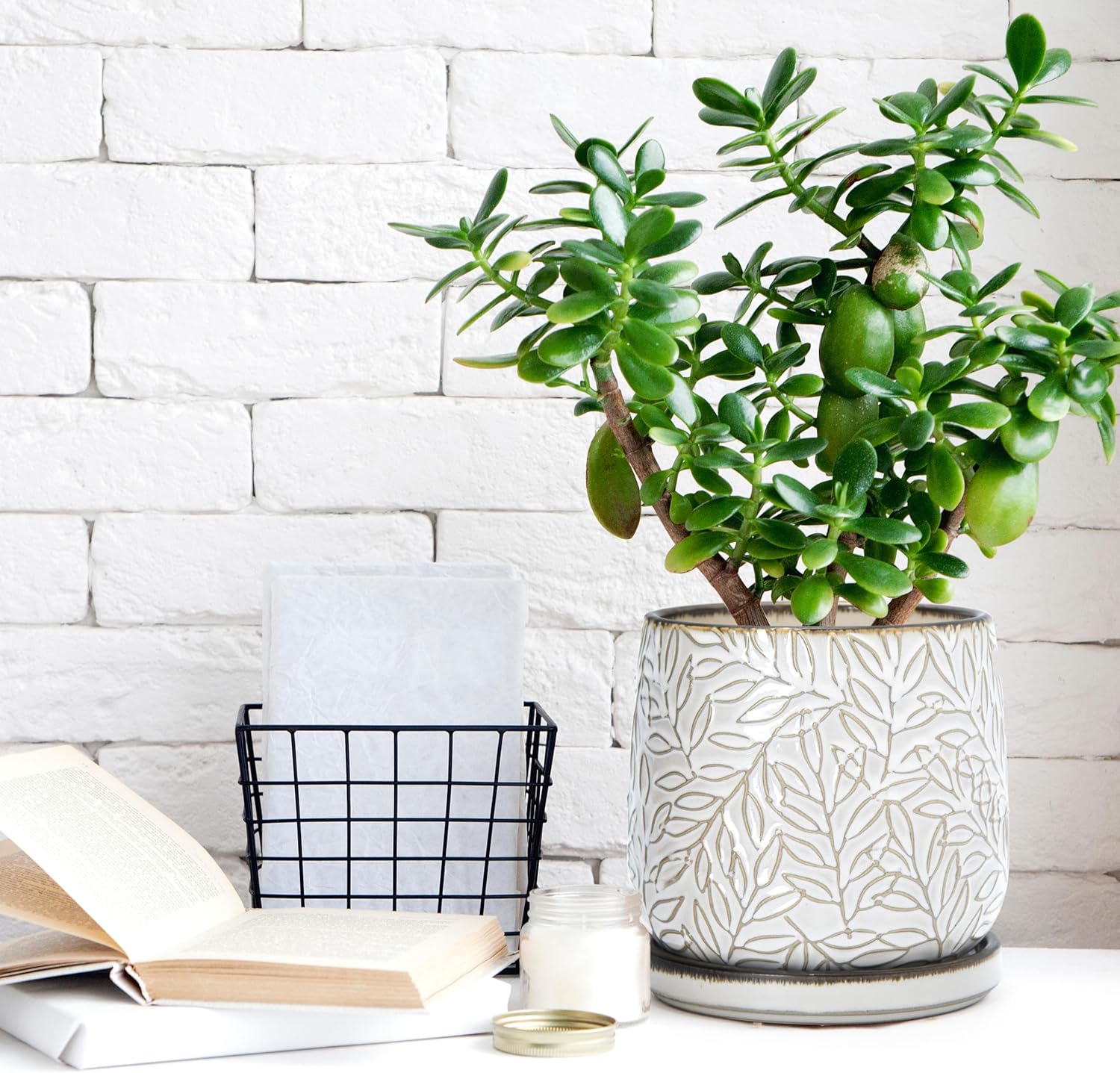 D'vine Dev 6 Inch Embossed Leaves Stoneware Planter Pot with Drainage Hole and Saucer, Smoked White, Set of 2, 27-F-X-1