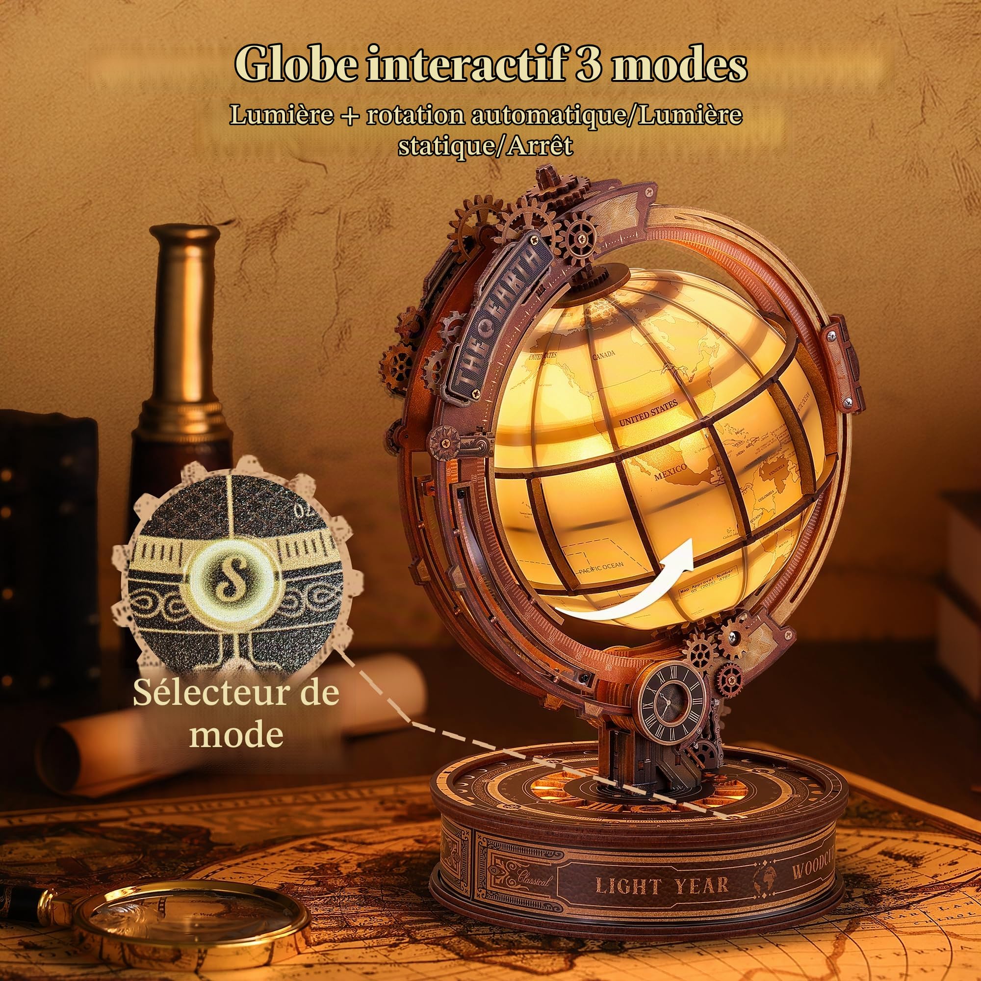 FUNPOLA Puzzle 3D en Bois Globe Star Orbit avec lumières LED – Modèle de Globe Rotatif DIY avec Lumière Chaude, décoration de Bureau Style Steampunk, Cadeau créatif pour Adultes et Adolescents (14+)