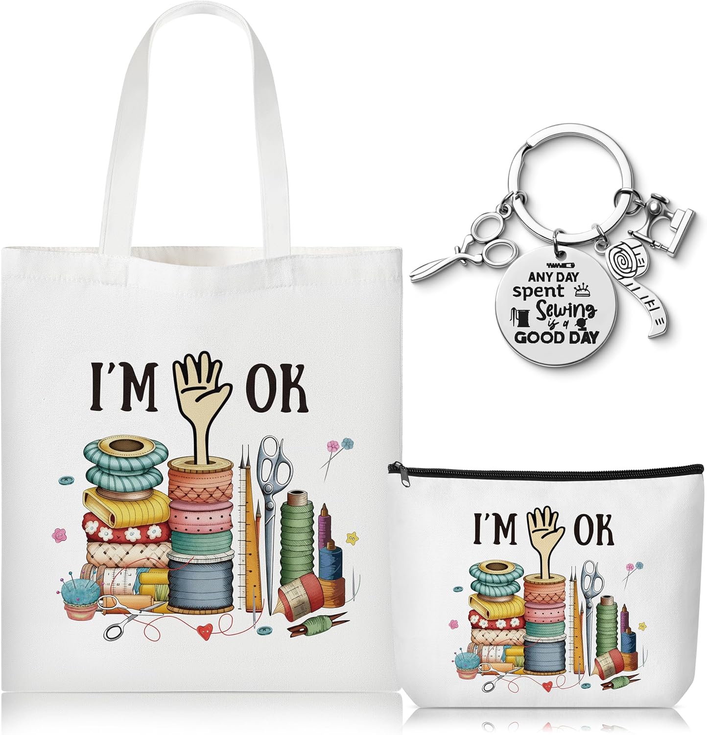 CJiangpo 3Pcs Funny Sewing Tote Bag Canvas Bag with Keychain, Funny Quilting Gifts for Seamstress Women Sewing Lovers Mom, Cosmetic Organizer Makeup Pouch Sew Themed Mother's Day Christmas Gift
