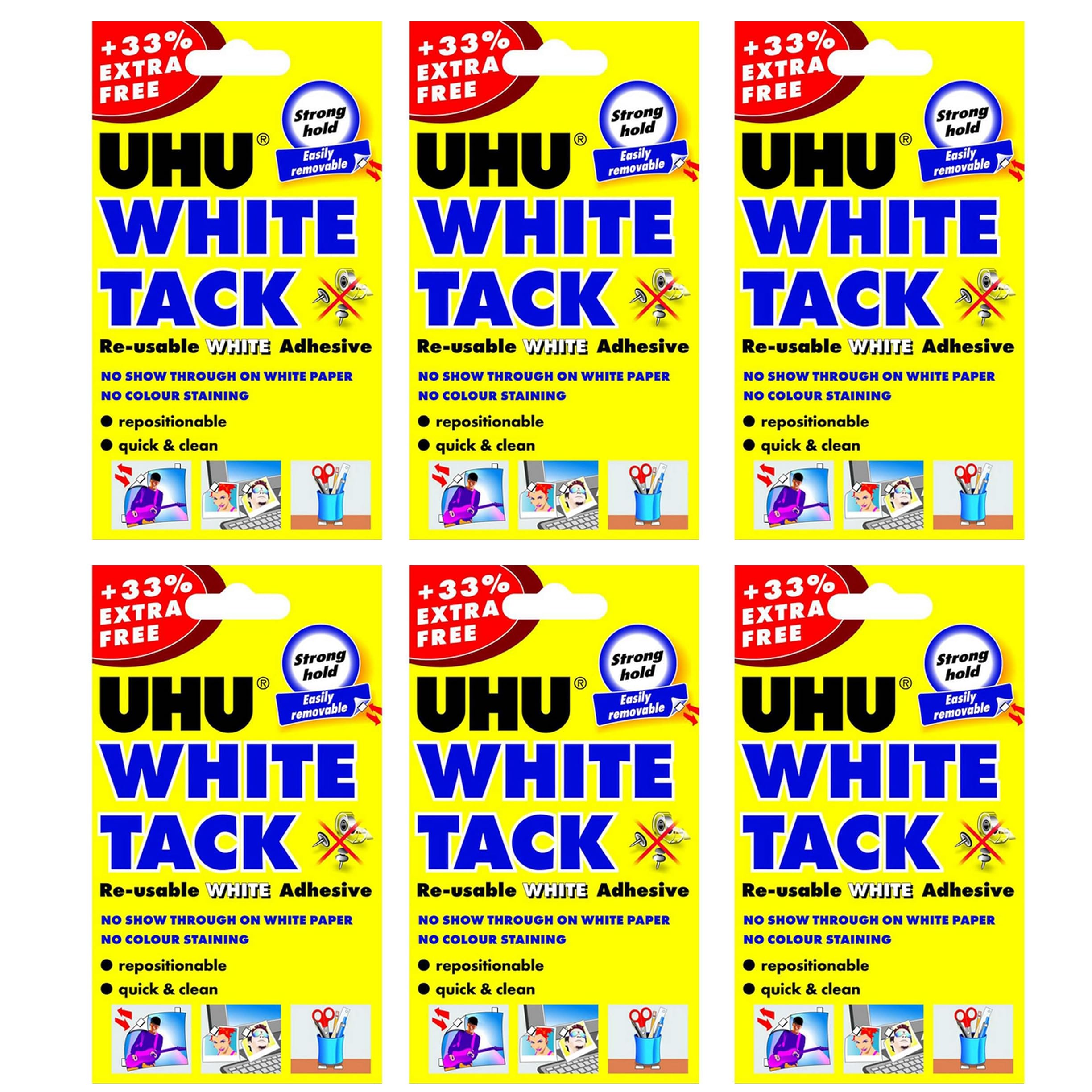 UHU White Tack - Sticky Reusable Adhesive Putty - Pack of 6