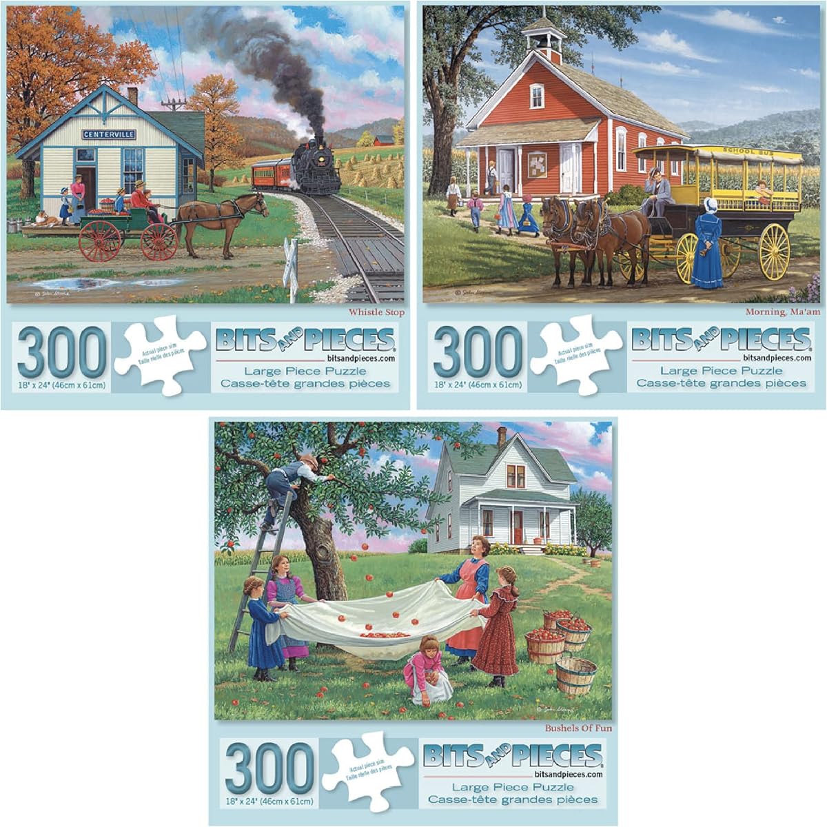 Bits and Pieces – Juego económico de tres rompecabezas grandes de 300 piezas para adultos – Colección Sunny Season del artista John Sloane, Tamaño del rompecabezas completo: 18" x 24"