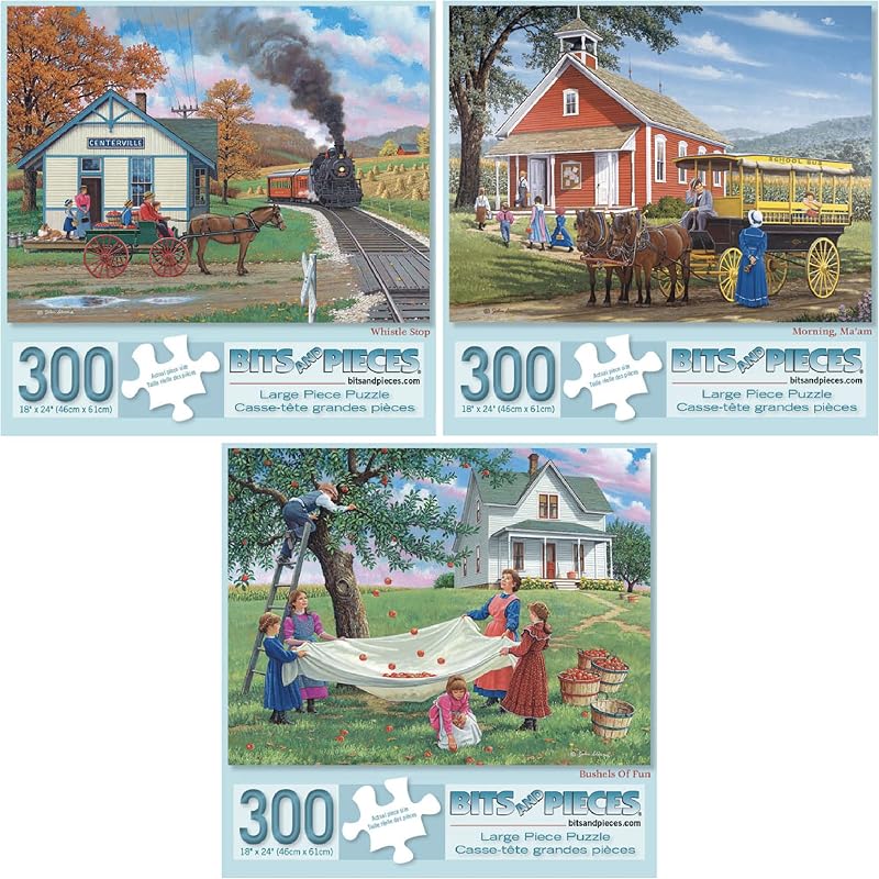 Bits and Pieces – Juego económico de tres rompecabezas grandes de 300 piezas para adultos – Colección Sunny Season del artista John Sloane, Tamaño del rompecabezas completo: 18" x 24"