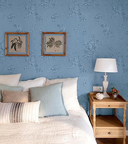 Miniatura 4 de Erfoni Papel tapiz autoadhesivo con textura floral gris y azul para despegar y pegar, papel de contacto grueso en relieve, papel tapiz autoadhesivo