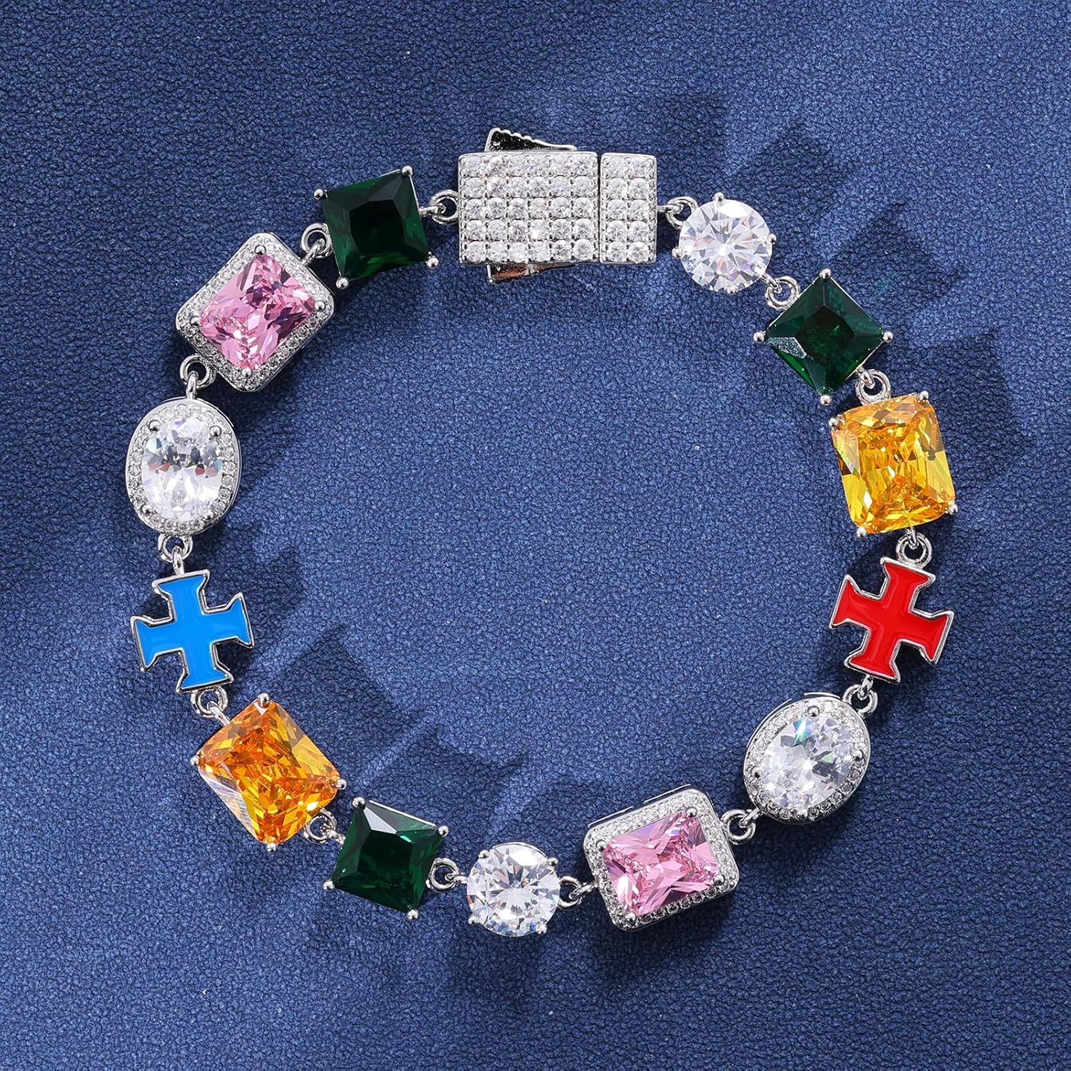 Lulu Mel Colorful Tennis Bracelet Diamond Chain, 10mm Tennis Diamond Colorful Cross CZ Stones Link Chain, Sparkly Rainbow Crystal 7-8 Inches Bracelet Fashion Jewelry Gift - Image 5