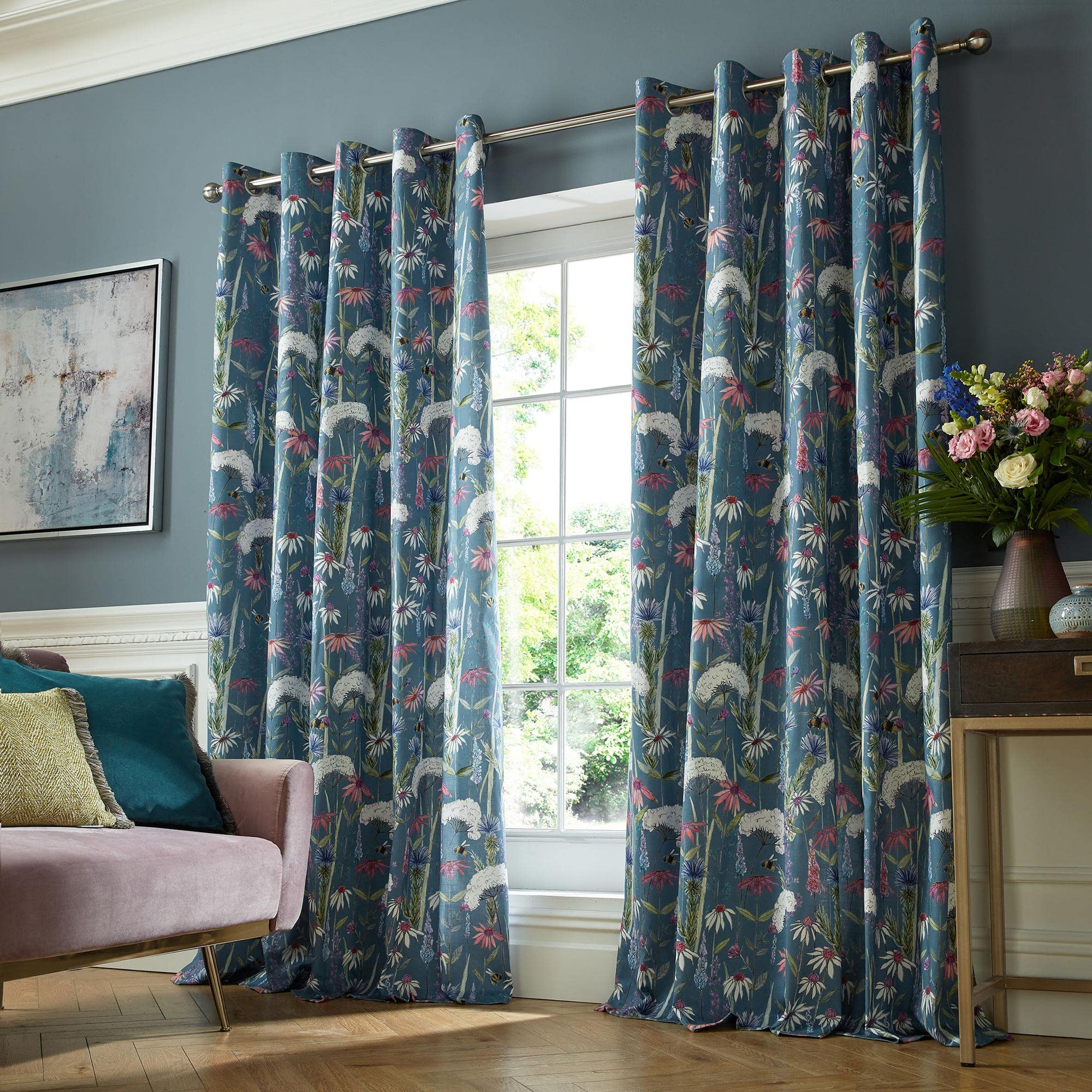 Amania Trading Ltd VOYAGE MAISON Hermione Floral Eyelet Header Fully Lined Curtains - INDIGO - 66" Width x 72" Drop