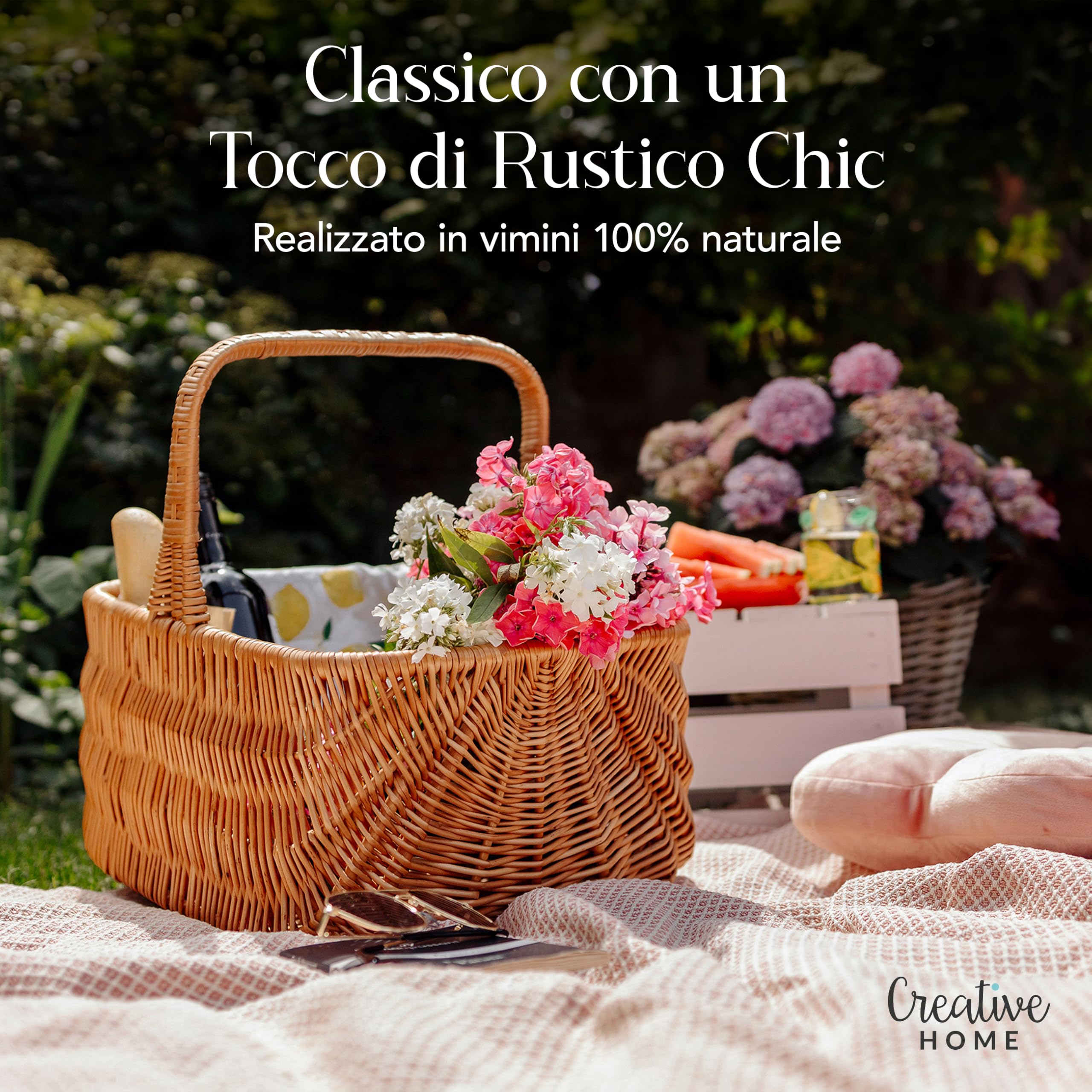 Creative Home Cestino Vimini con Manico Olandese | Cesto Funghi Picnic Decorativo | 42 x 32 x 40 cm (+/- 1 cm) | Tessuto Fatto a Mano Durevole | Salice Naturale Marrone Spesso | Multiuso