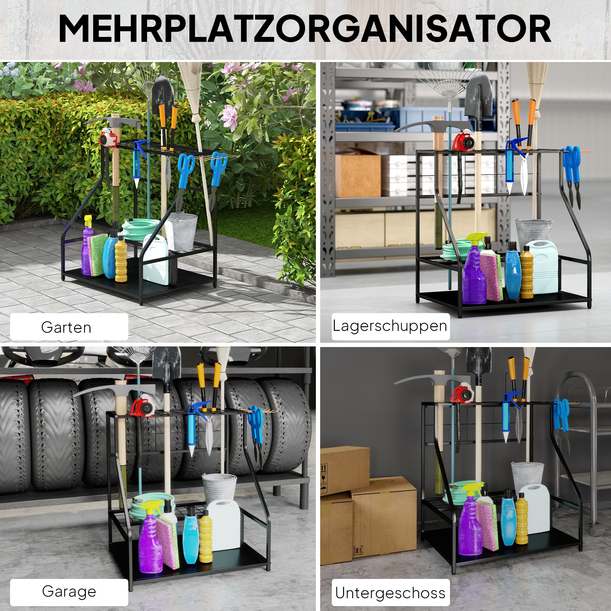 Outsunny Gartenwerkzeug-Organizer 3-stufig mit Haken 84x53x73cm Orange | Gartengeräte Ständer, Gartenwerkzeugständer, Bis Zu 20 Werkzeuge, Gerätehalter, Mehrzweck Besenhalter