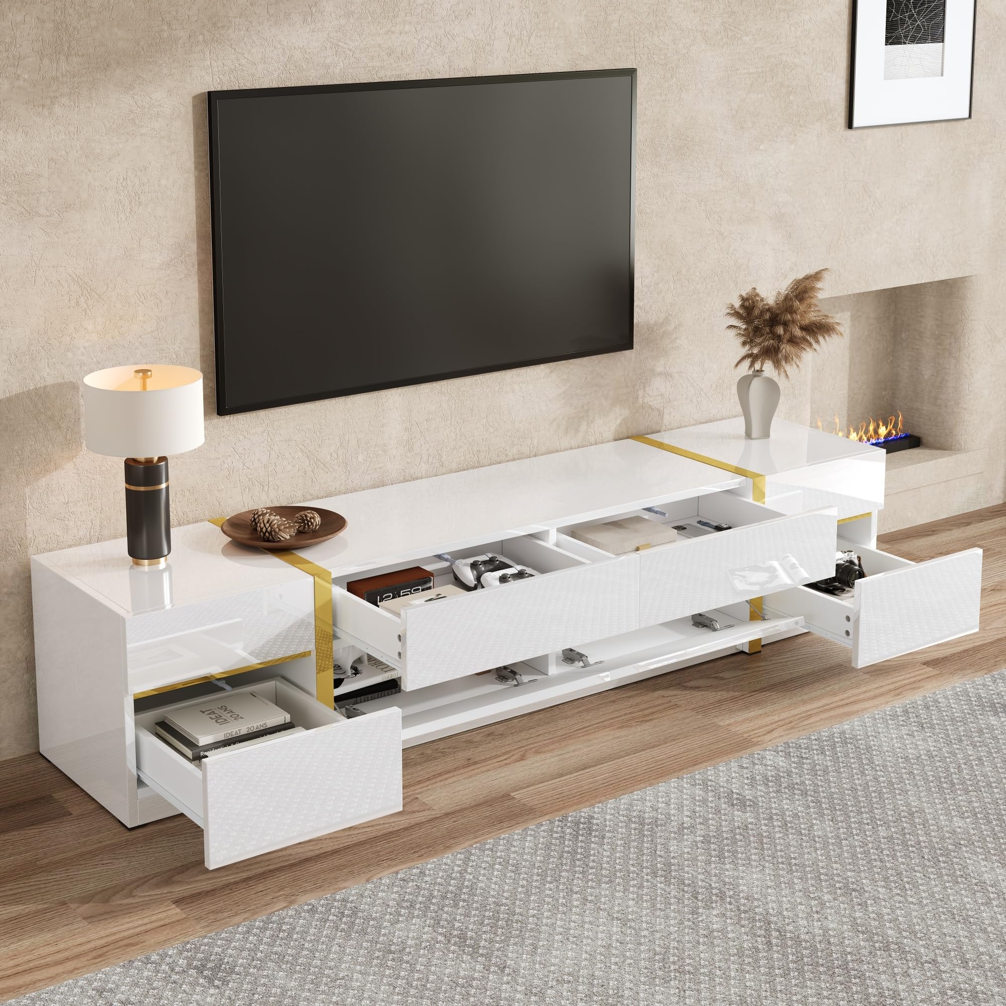 Meuble bas blanc brillant avec accents dorés - Meuble TV bas avec 4 tiroirs et 2 portes - Meuble TV pour grands téléviseurs - Buffet TV moderne pour salon - 180 cm