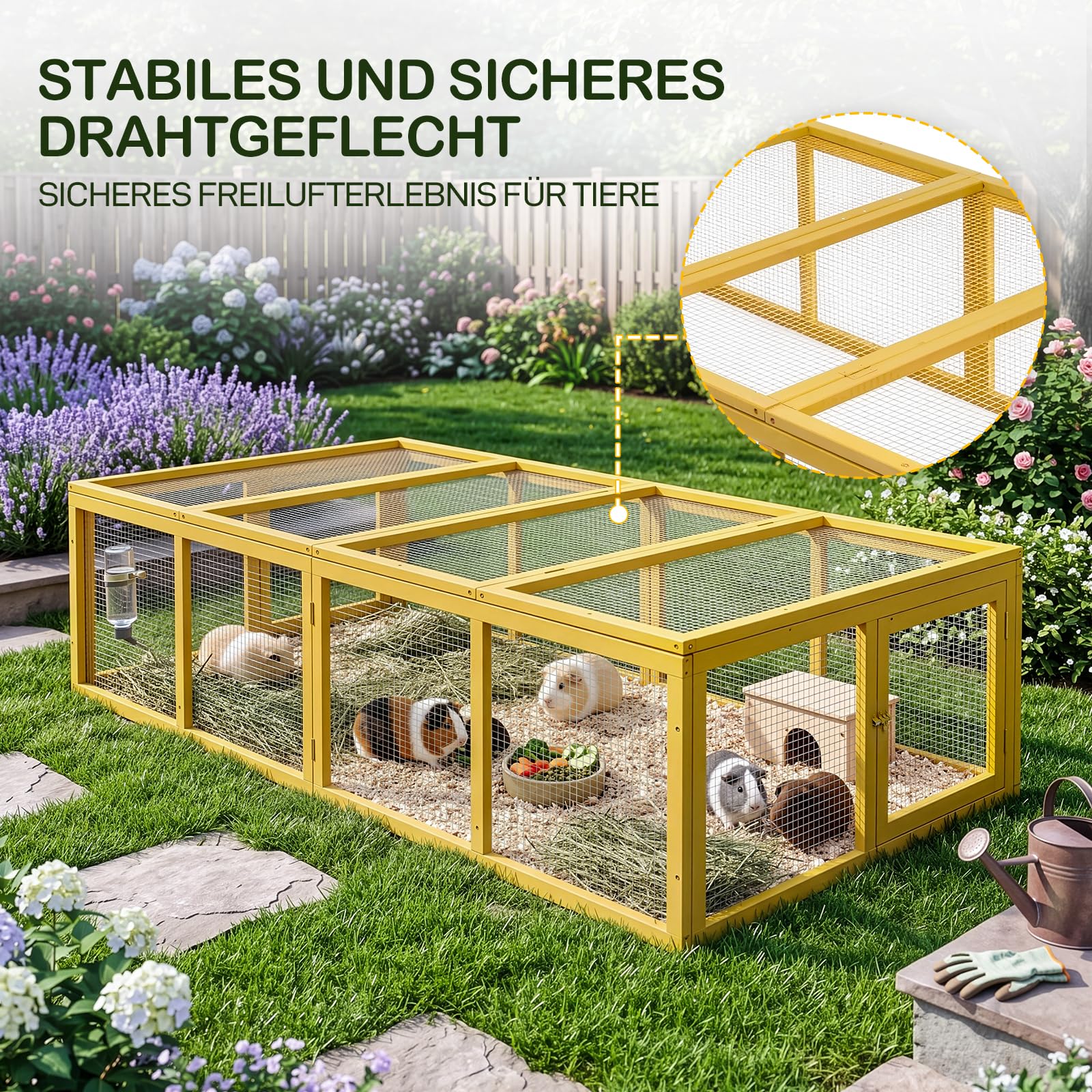 freilaufgehege Holz, kaninchenstall mit klappbarer Abdeckung, 180 x 90 x 48 cm, Großer Raum, geeignet für kleine Tiere zum Herumstreifen im Freien, Gelb