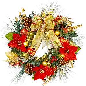 24" Prelit Christmas Wreath with Lights, Battery Operated Xmas Garland with Decorations, Wreath for Front Door Porch Wall Window Fireplace Outdoor Home Holiday Accent