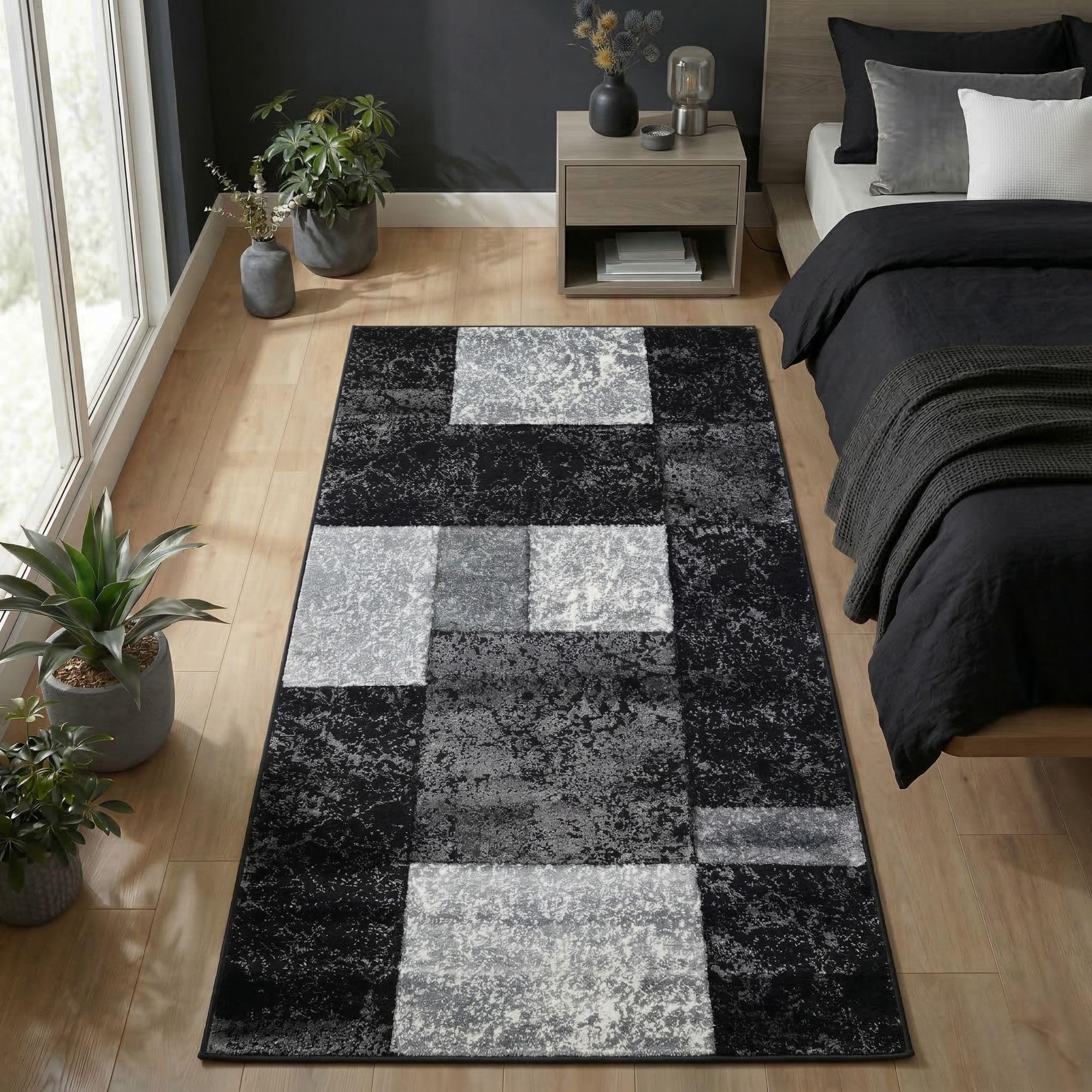 Carpetsale24 Teppich Kurzflor Konturenschnitt in Schwarz Grau Weiß - Kariertes Design, Extra Weich, Waschbar, Pflegeleicht - Für Wohnzimmer, Schlafzimmer, Esszimmer