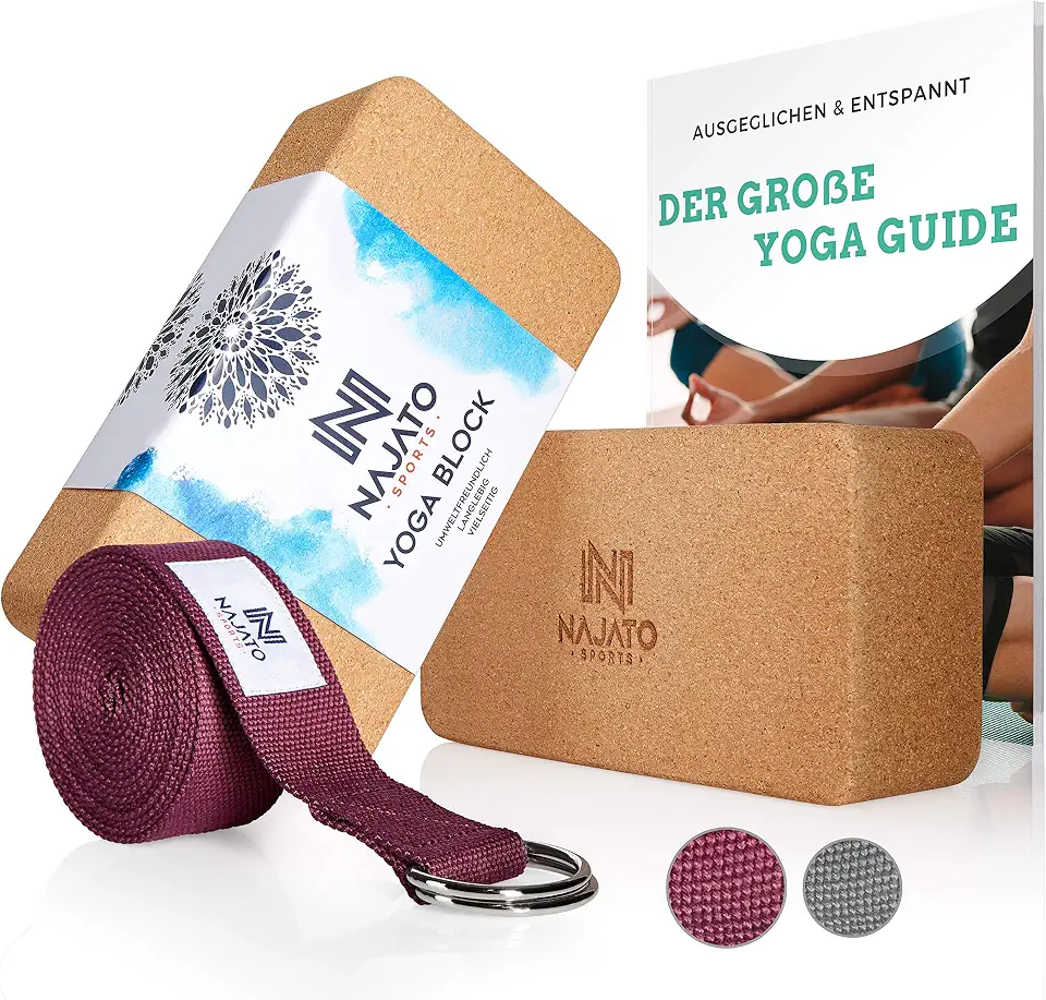 NAJATO Sports Yoga Block Kork 2er Set – Wahlweise mit Yogagurt – Yogablock inkl. E-Book (PDF Datei) – Yogaklotz für Pilates und Meditation – Aus natürlichem Material