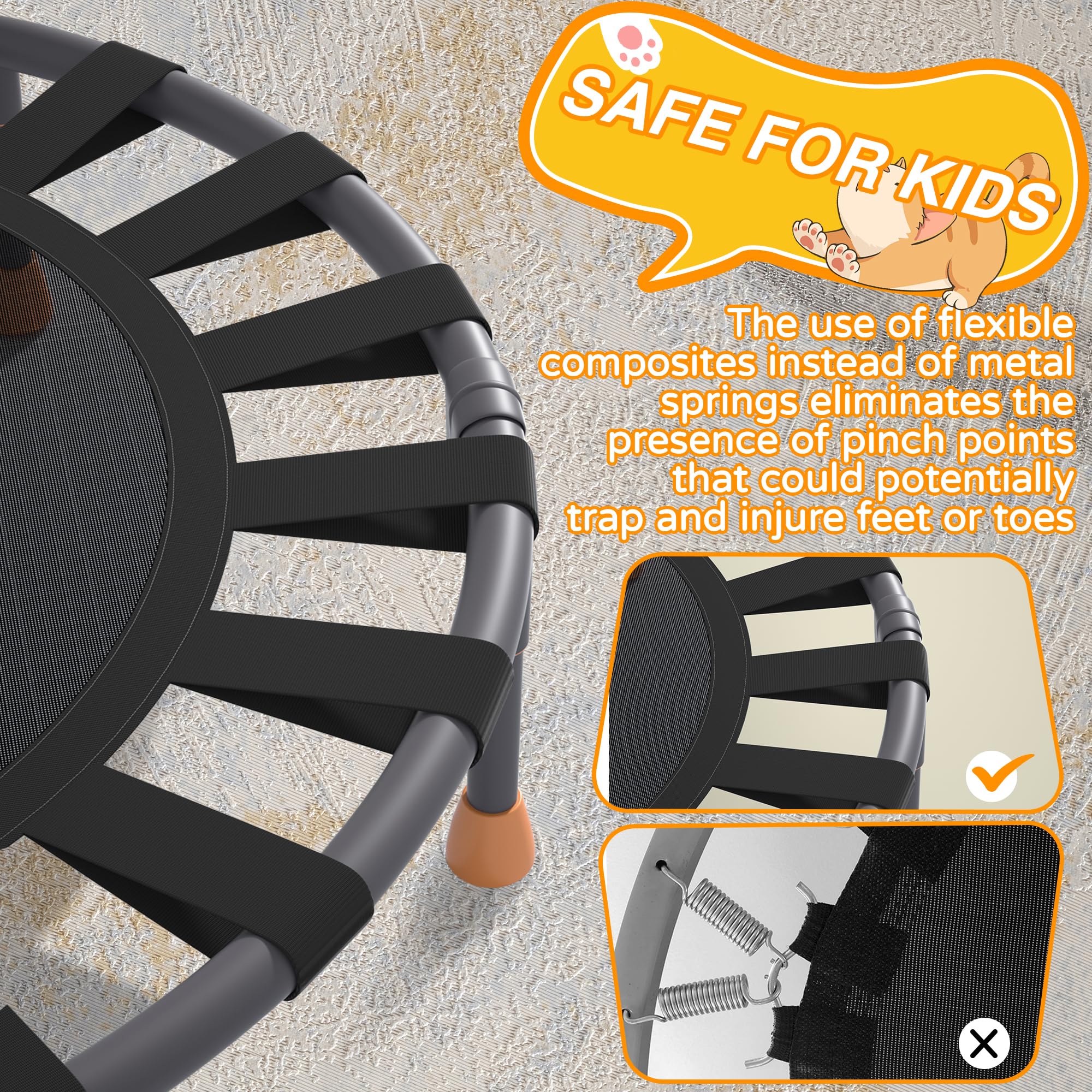 JOY SPOT! Kinder Trampolin Indoor, Ø91 cm Minitrampolin mit Haltegriff, Fitness Trampolin bis 45 kg belastbar, Gartentrampolin Outdoor für Kinder 3-8 Jahren (Mehrfarbig/Katze/Einhorn/3 Abenteurer)