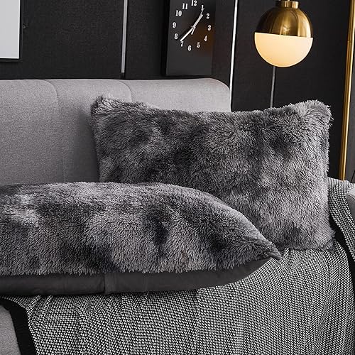 Miniatura 3 de WERDIM Juego de 2 fundas de almohada de pelo sintético lanudo y esponjoso, de terciopelo, con cierre de botón, tamaño estándarQueen (teñido anudado