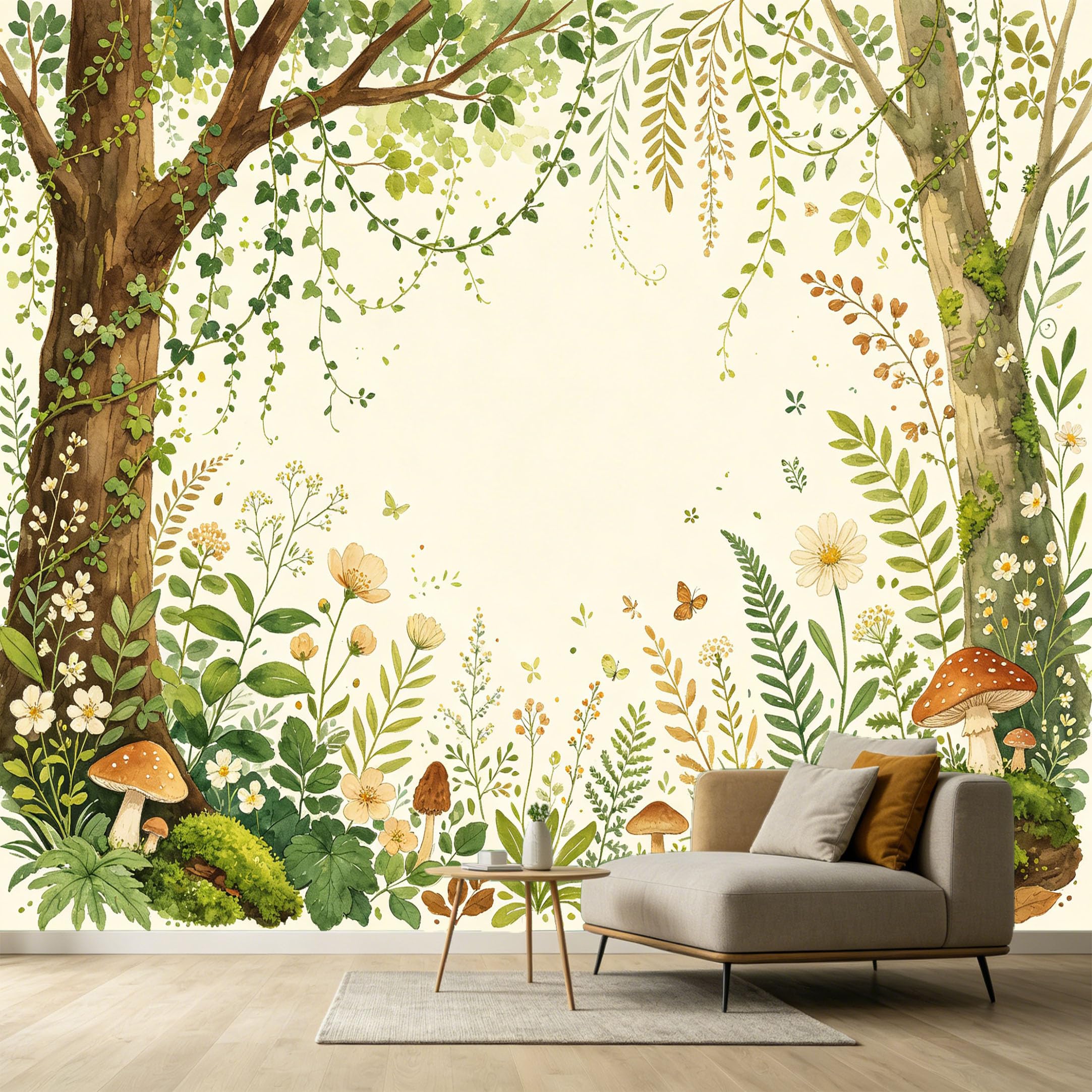 Custom Size Wall Murals Botanical Forest Watercolor Painting Trees Mushrooms Ferns Leaves SelfAdhesive Wall Fabric Removable Large Wallpaper for Photo Living Room