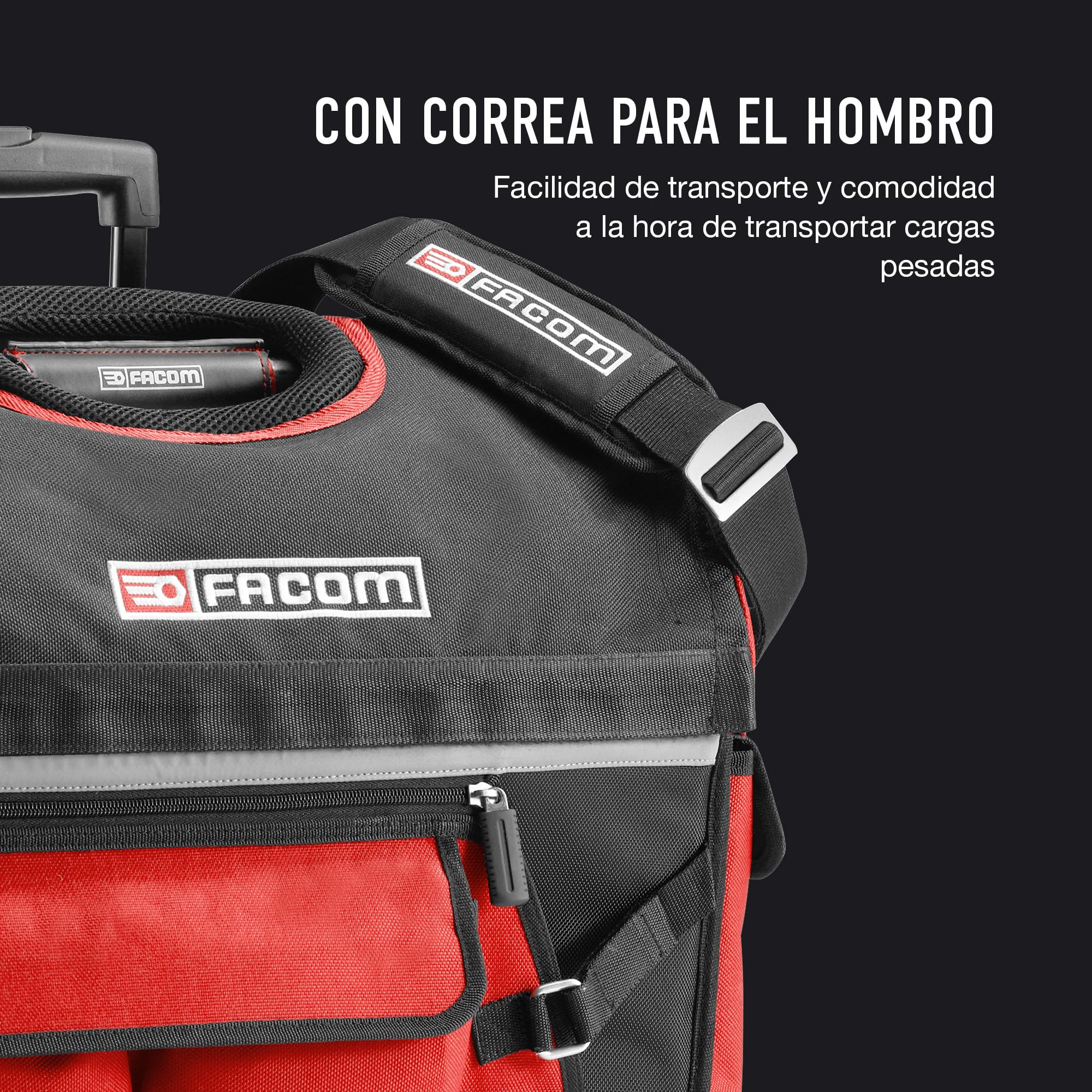 FACOM - Bolsa Portaherramientas Téxtil con Ruedas PROBAG, Compacta 14'', Organización Eficaz, 6 Bolsillos Externos, Acceso Inmediato, 33L de Capacidad, Ruedas de 90mm, Empuñadura Telescópica, BS.R20PB