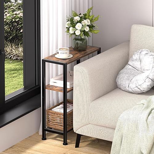 Miniatura 5 de Mesa auxiliar estrecha para espacios pequeños, mesa auxiliar pequeña de 2 niveles con soporte para estantes, mesita de noche delgada, mesa de sofá