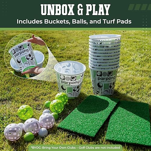 Miniatura 3 de Par Pong Juego de astillado de golf para patio trasero - Juego de golf al aire libre con 12 cubos, 2 alfombrillas de golpeo y pelotas de golf - para