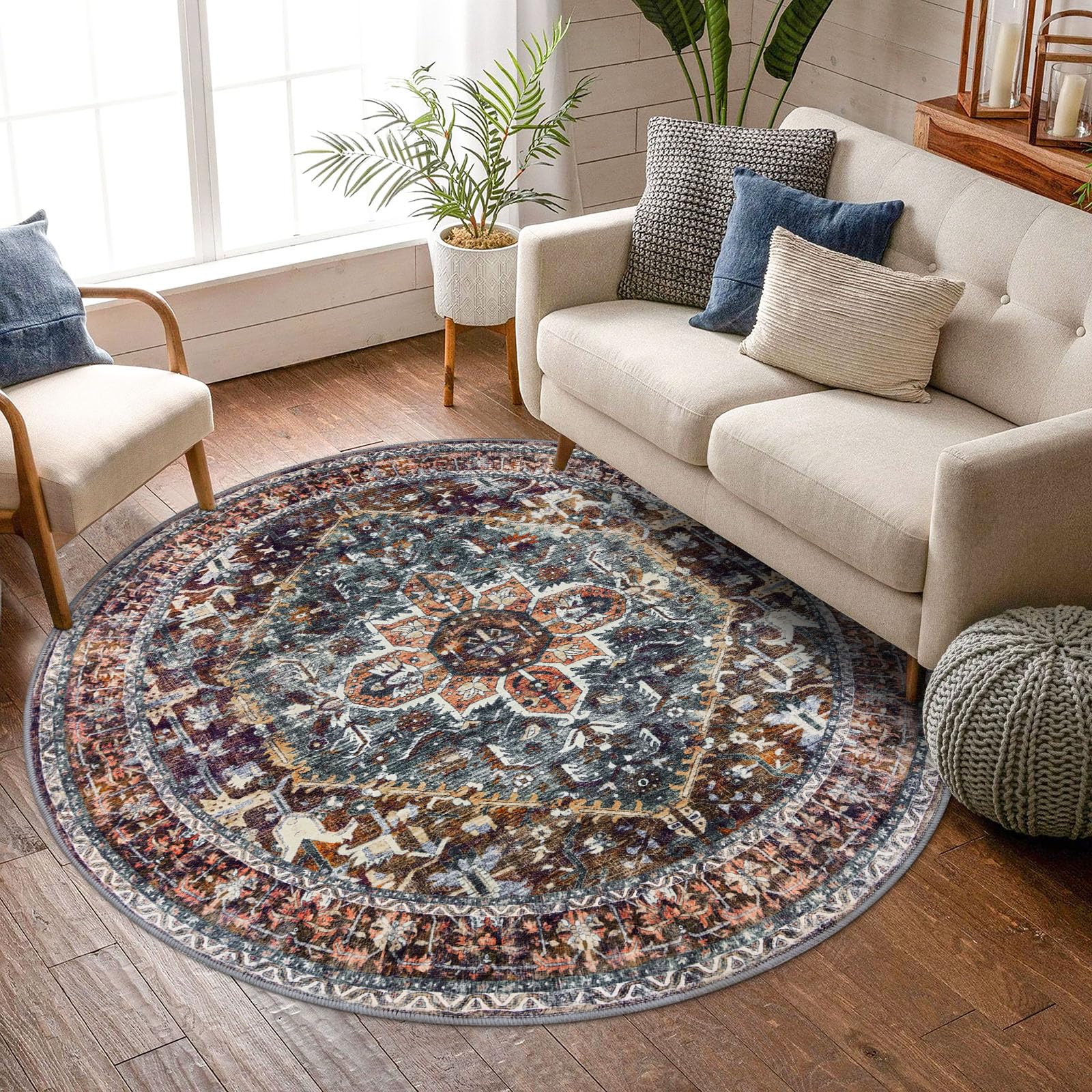 KOZYFLY Round Rug 6 Ft Rugs for Entryway Washable Circle Rug Non Slip Round Living Room Rugs Printed Faux Wool Round Dining Room Floor Carpet Floor Carpet for Entryway, Bedroom, Brick Red/Orange/Green