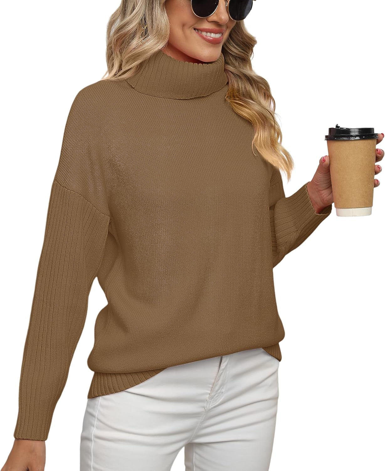 Jouica Women 2025 Fall Casual Turtleneck Batwing Sleeve Chunky Oversized Ribbed Knit Tunic Sweaters Pullover