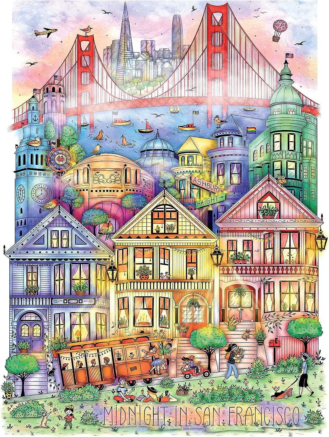 Hard & Challenging 1000 Piece Puzzle for Adults – San Francisco at Midnight by Madalina Tantareanu – Features Golden Gate Bridge, Alcatraz, Painted Ladies – Difficult Art Jigsaw 27x20 by KI Puzzles