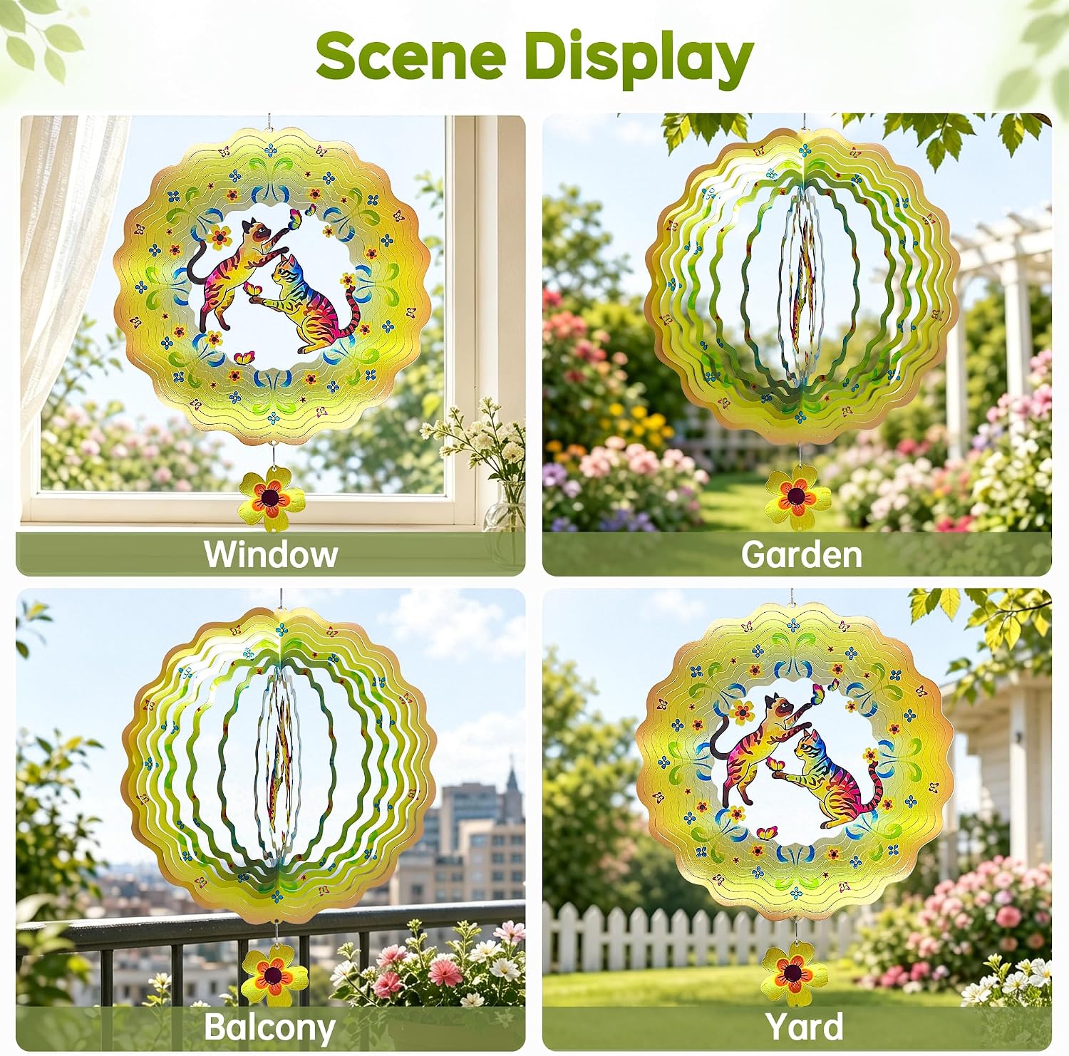 Cat Wind Spinners for Outside, 3D Kinetic Metal Hanging Yard Art Decor with Flower Pendant, Colorful Stainless Steel Garden Outdoor Decorations for Patio Lawn, Gifts for Cat Lovers Women Mom