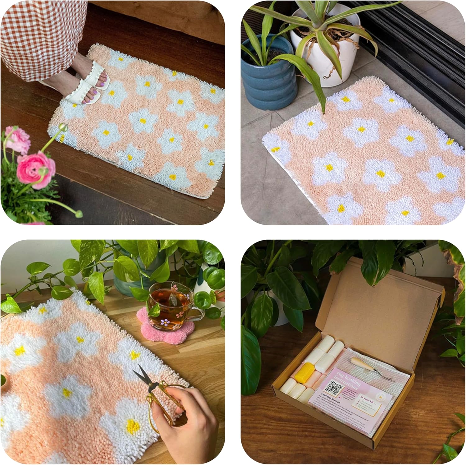 CRAFT CLUB Daisy Rug Making Kit | DIY Tools | Latch Hook Kit for Adults | Colourful Floral Home Décor Rug for Living Spaces | 24in x 16in