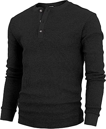 GIVON Mens Slim Fit Henley Waffle T-Shirt Cotton 100% Fabric Long Sleeve Knit Tee with Button Neckline