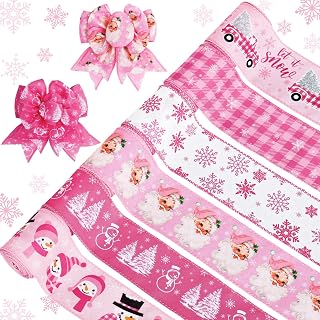 Whaline 6 Rolls Christmas Wired Edge Ribbon Pink Xmas Winter Holiday Craft Ribbon Buffalo Plaid Santa Snowman Snowflake Christmas Tree Truck Gift Wrapping Ribbon for Bow Wreath Crafts, 30 Yards