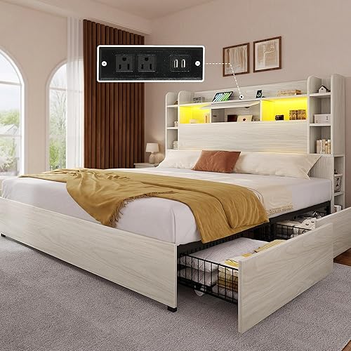 Miniatura 15 de YITAHOME Base de cama tamaño Queen con cabecera de estantería y 4 cajones de almacenamiento, marco de cama LED RGB con estación de carga tipo C y