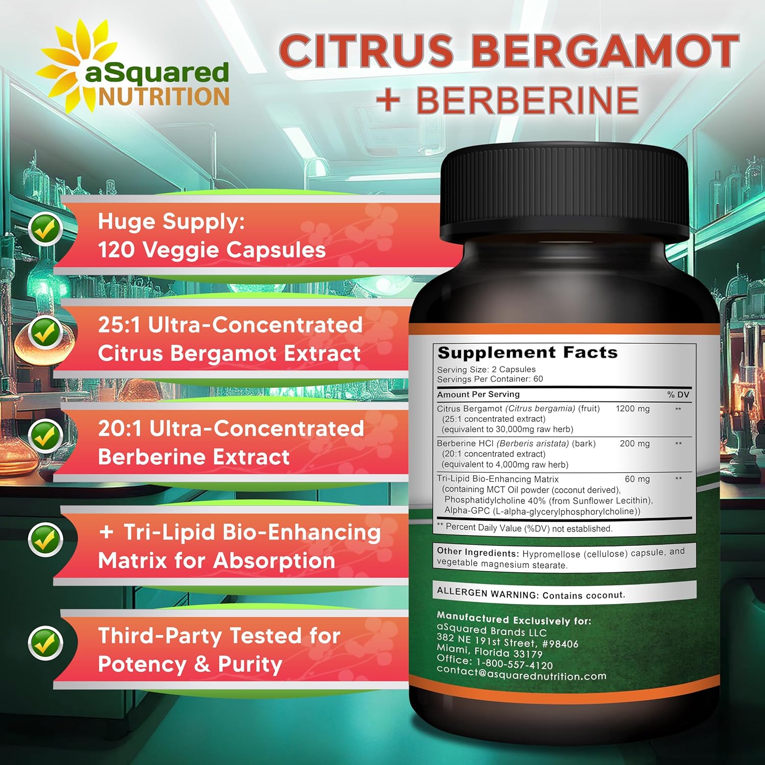 aSquared Nutrition Citrus Bergamot with Berberine Supplement - 1400mg Per Serving Max Strength Complex - 120 Capsules - Supports Cardiovascular Health - Pills Alternative to Gummies & Liquid Drops