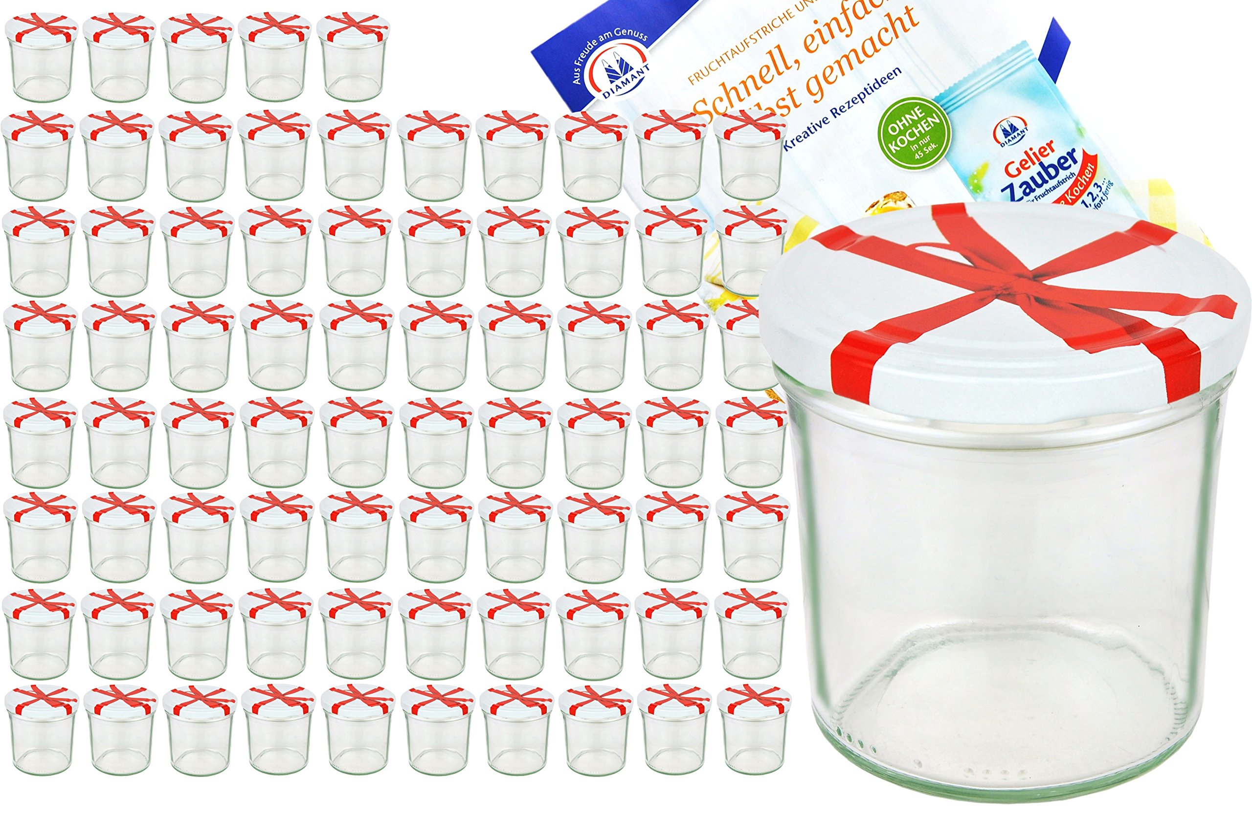 MamboCat 75er Set Sturzglas 350 ml to 82 weißer Deckel mit Schleifendekor incl. Diamant Gelierzauber Rezeptheft Marmeladenglas Einmachglas Einweckglas