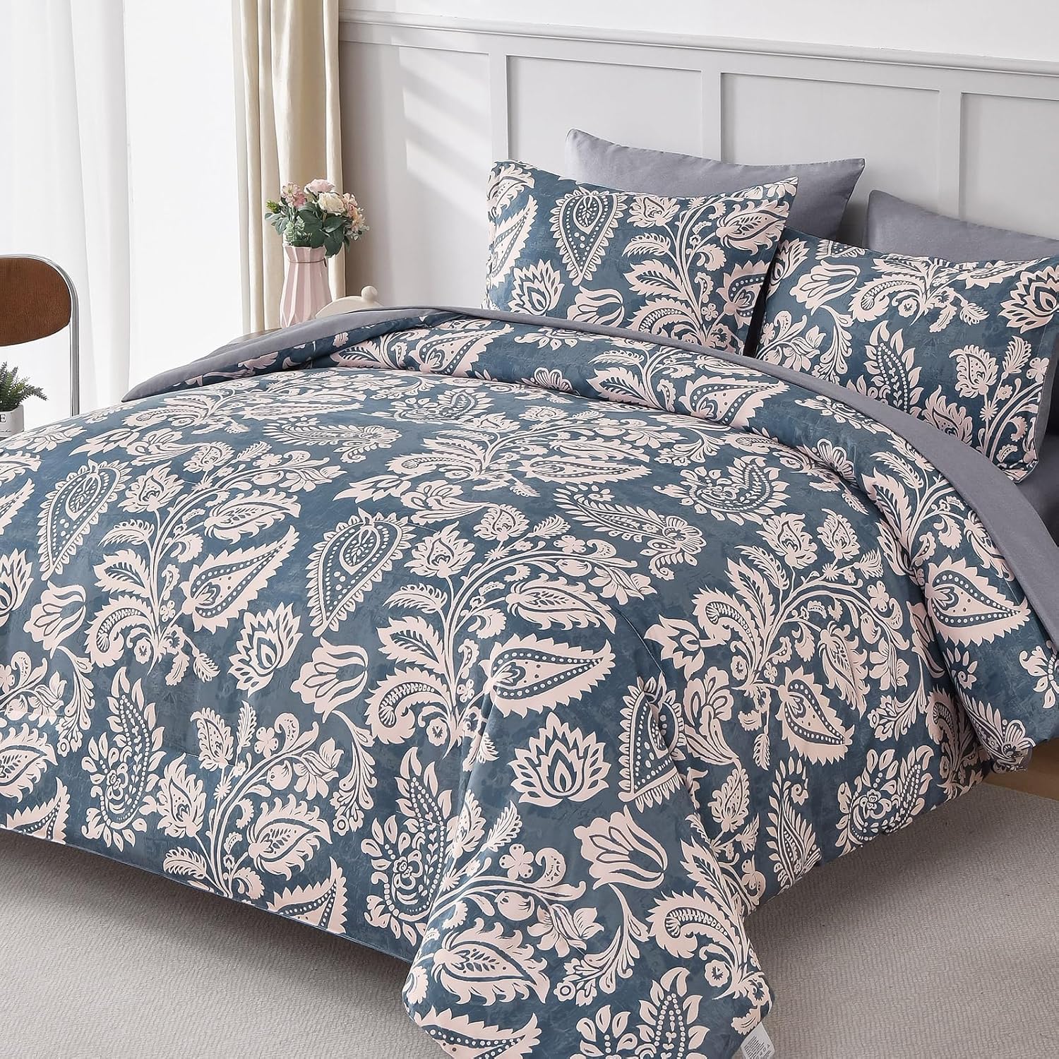 Drucon Paisley Comforter Set King, 7 Pieces Bed in a Bag Boho Comforter Bedding Soft Microfiber King Size Navy Blue Comforter with Sheet & Pillowcases - Image 2