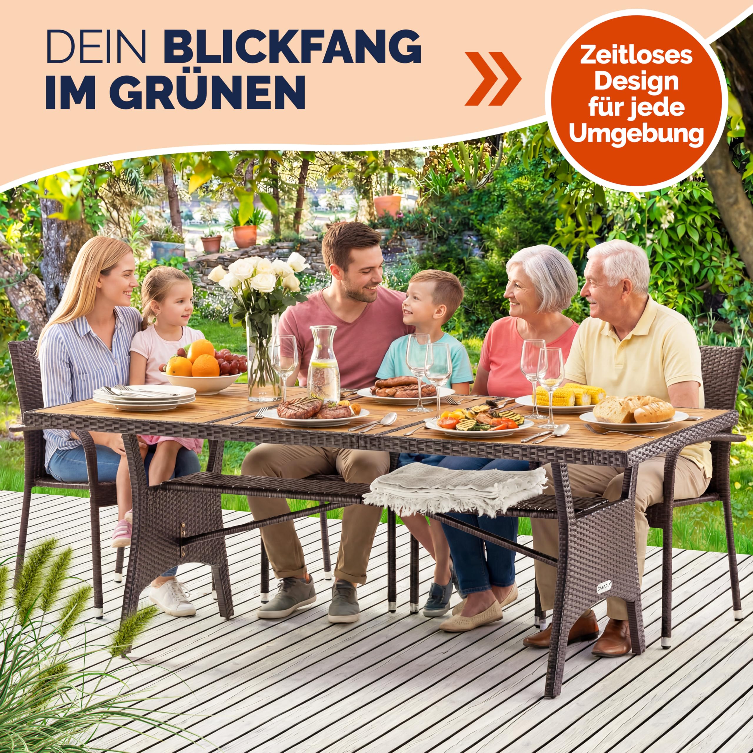 Casaria® Polyrattan Gartentisch mit Ablage FSC®- zertifiziertes Akazienholz 190x90 cm Höhenverstellbar Wetterfest Garten Terrasse Esstisch Tisch Braun