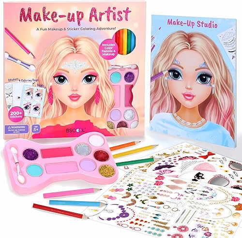 BSCOOL Artista de maquillaje. Maquillaje divertido 3 en 1, calcomanías, kit de colorear, incluye lápices de colores, paleta de maquillaje y más de