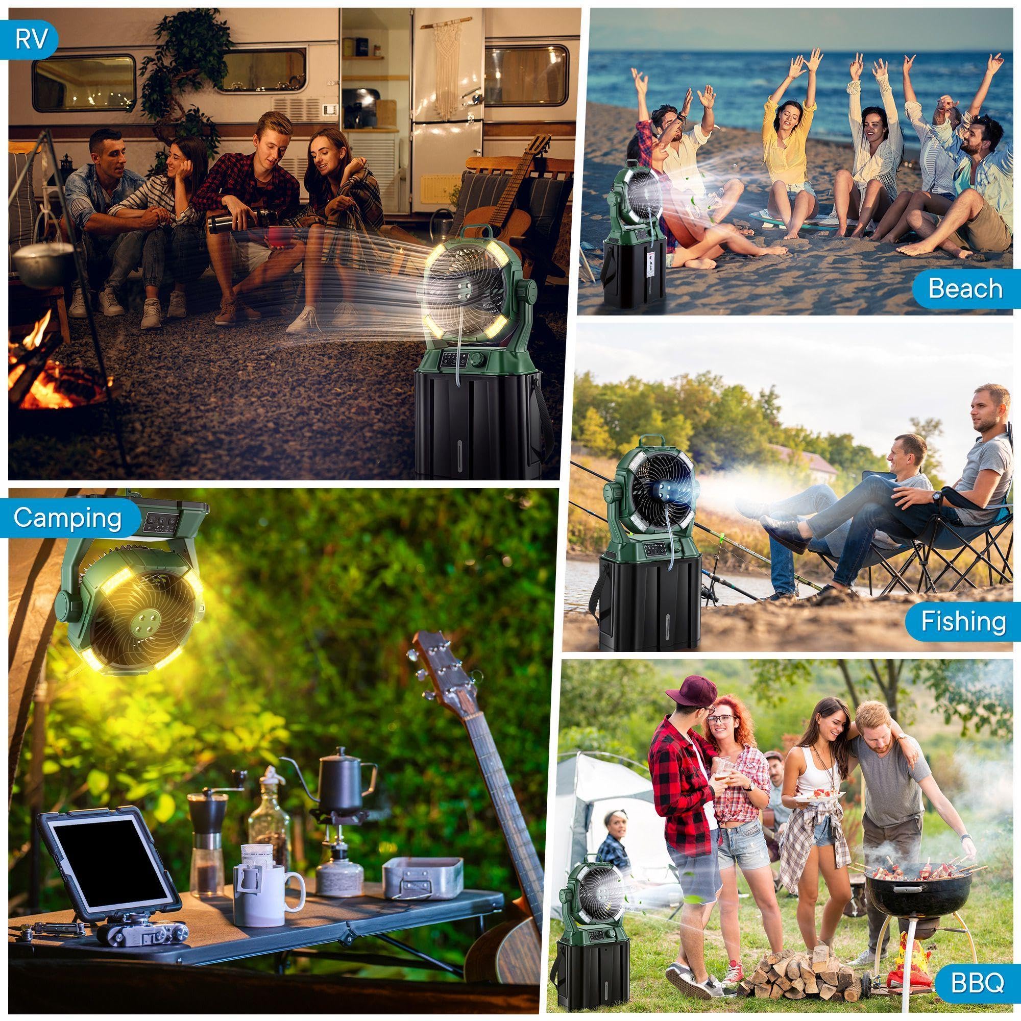 Tragbarer Nebelventilator, 4 LED-Lichter, stufenlose Geschwindigkeitsregelung und 4 Ausgänge, Kühlspray mit 6 l Eimer, Timer-Funktion, tragbarer Griff, 20.000 mAh, Campingventilator für