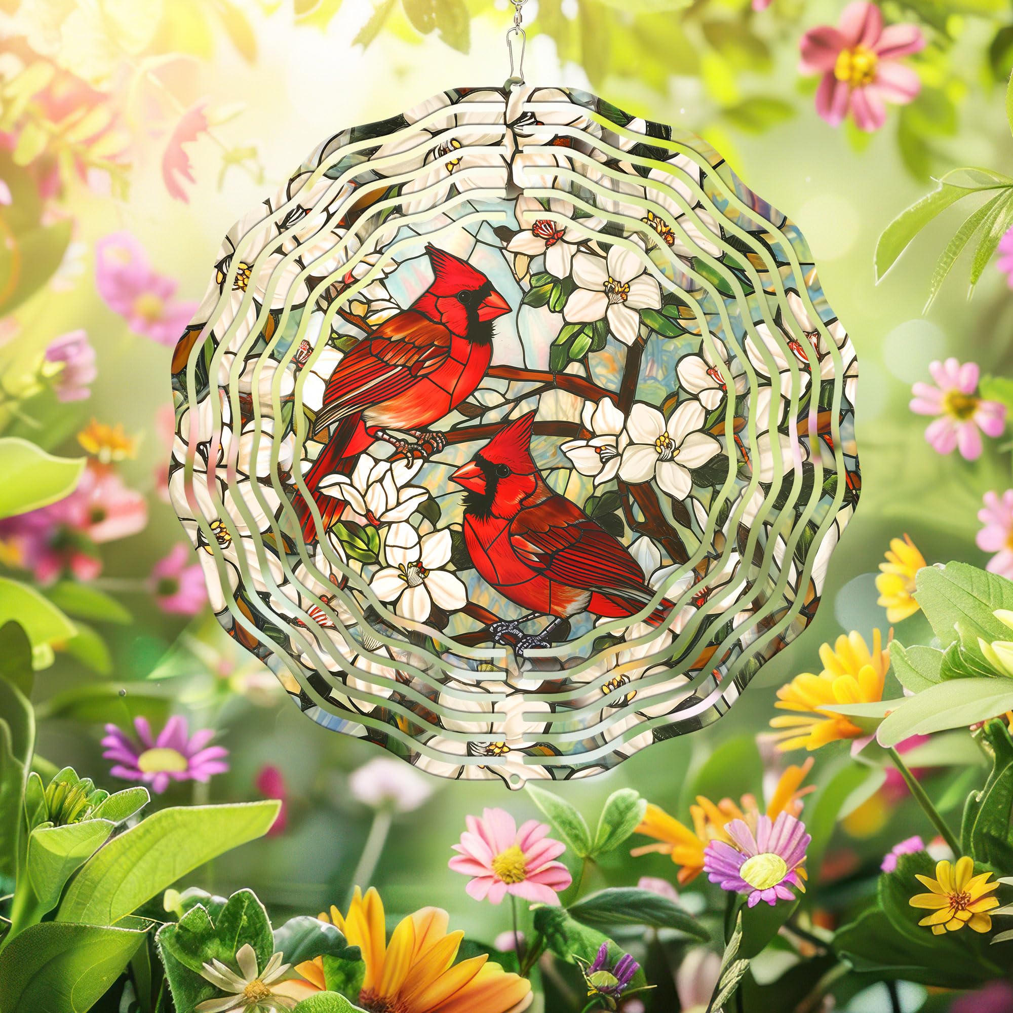Cardinals in Flower Garden Cardinal Wind Spinner TPT2096WS, 12 inches - 3D Hanging Wind Spinners Outdoor, Yard, Garden Decor