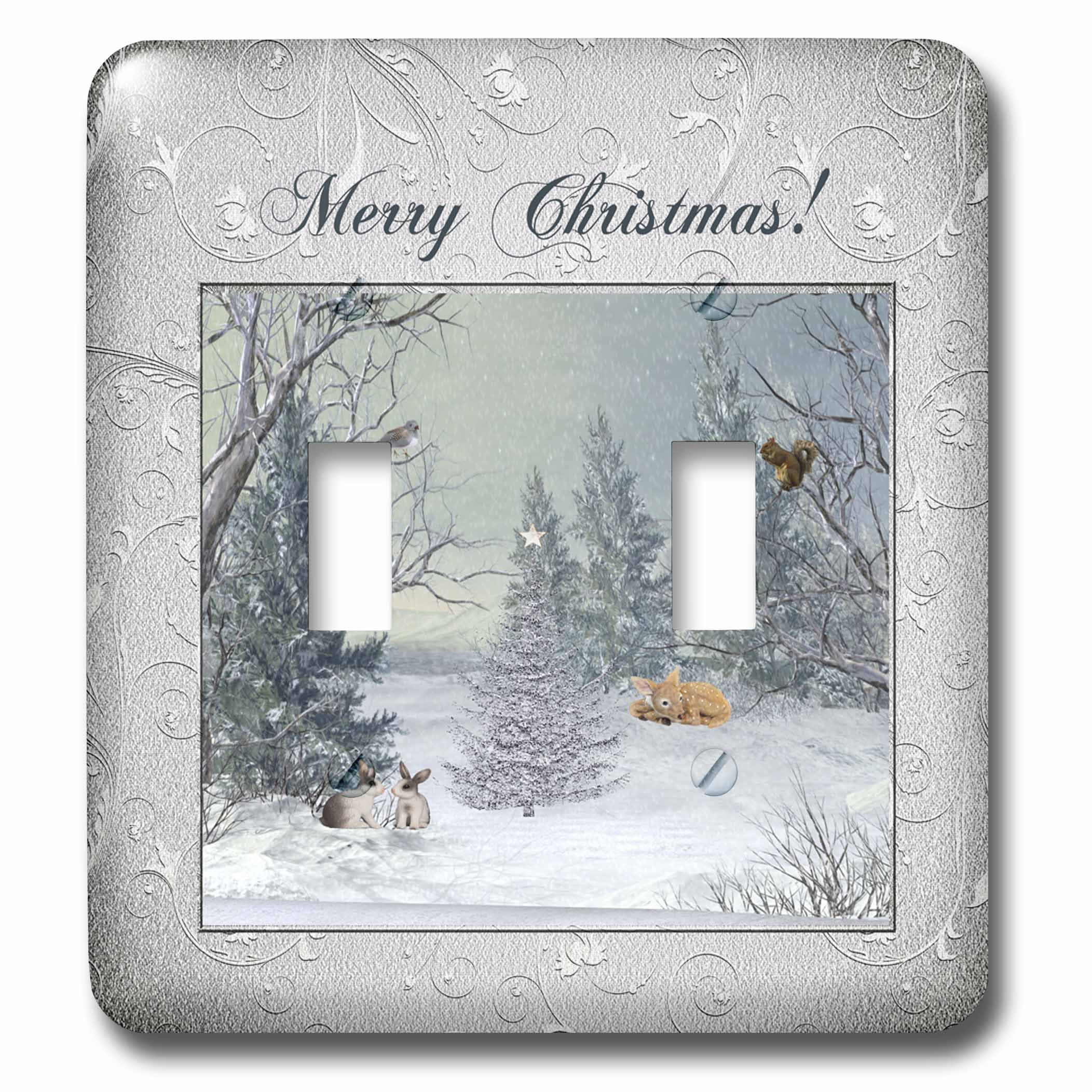 Double interrupteur à bascule animaux forêt hiver sapin étoile déco Noël murale