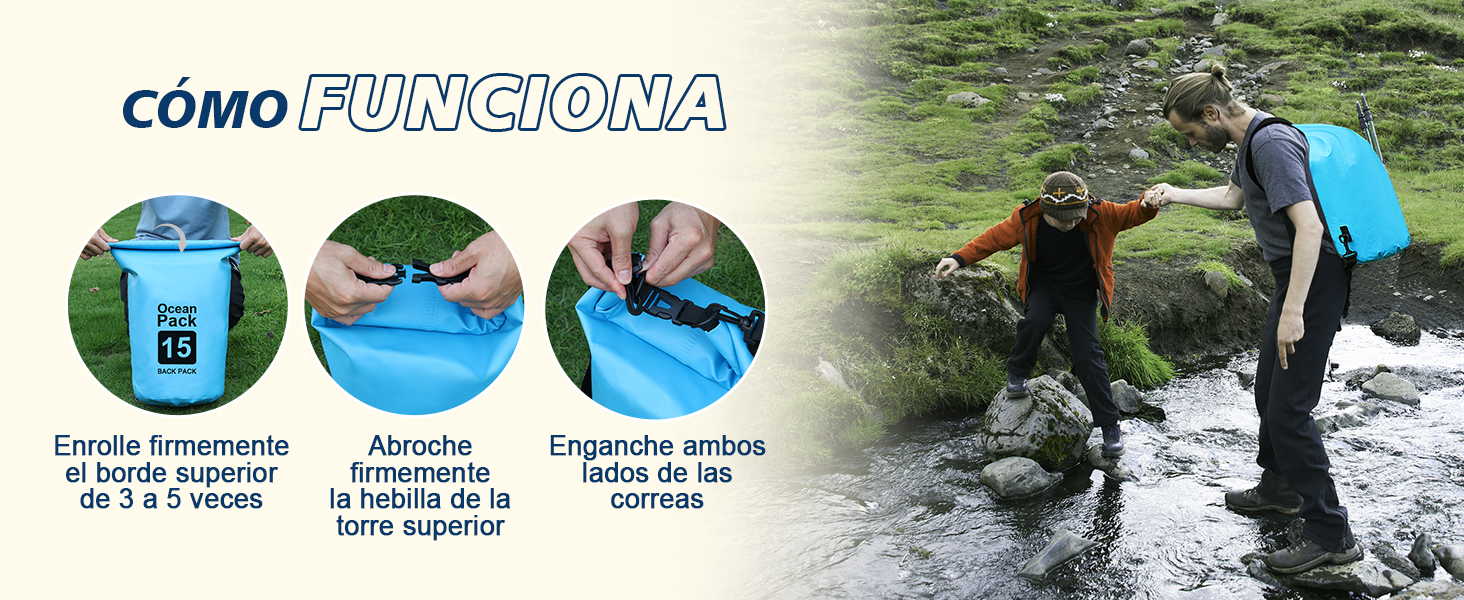 supregear Sac Étanche, 15L Dry Bag, Sac de Rangement Résistant à l'eau, Sac à Dos Polyvalent avec Double Bandoulière pour Bateau, Randonnée, Kayak, Pêche, Camping et Autres Aventures en Plein Air