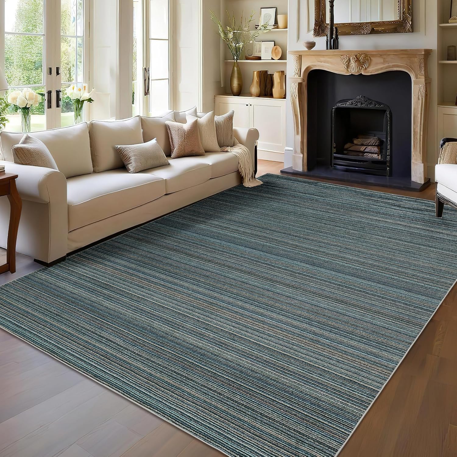 GarveeHome Modern Abstract 9x12 Area Rugs for Living Room, Large Soft Washable Rugs with Non Slip Backing, Non-Shedding & Easy Care Striped Accent Carpet, Indoor Foldable Mats for Home Decor, Blue