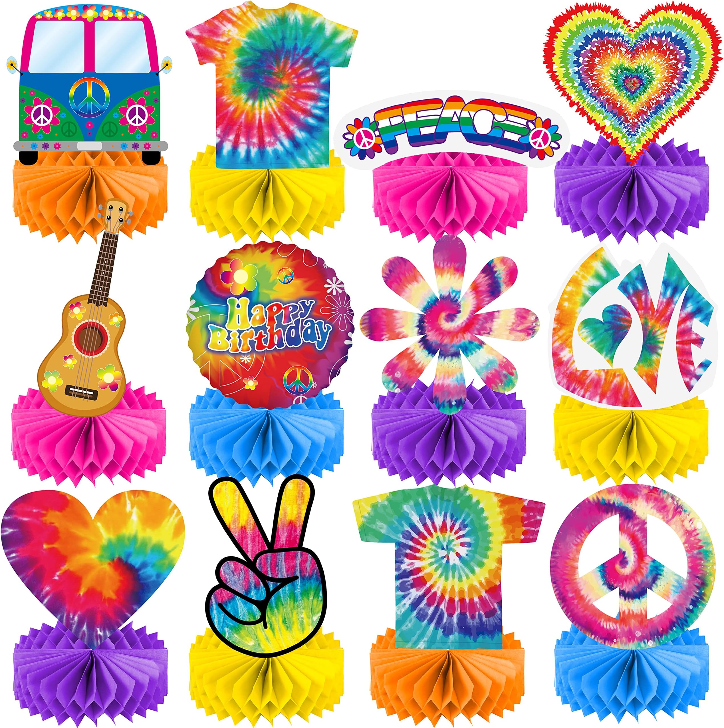 12Pcs Tie Dye Honeycomb Centerpieces Tie Dye Birthday Party Table Decorations for Hippie Theme Birthday Party Retro Rainbow Baby Shower Supplies